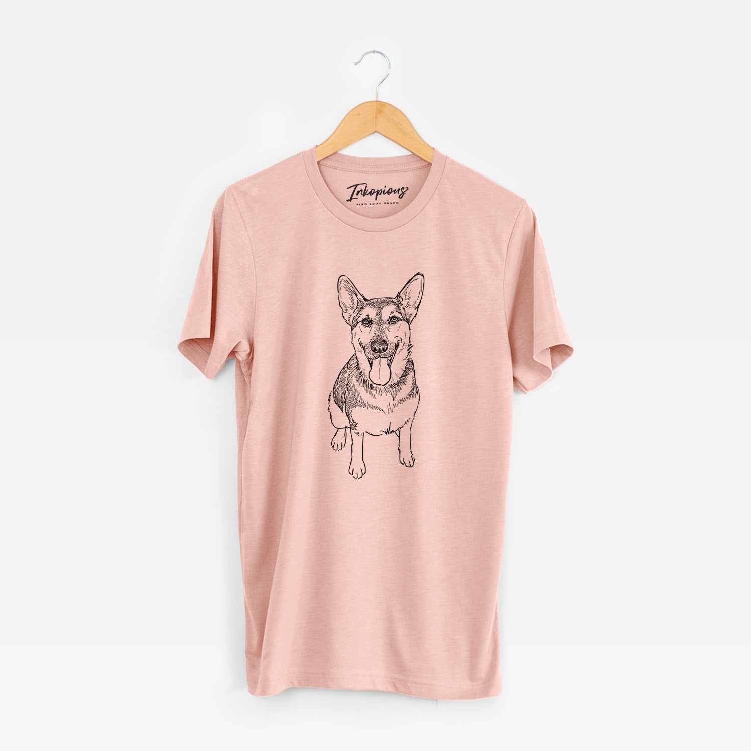 Full-body line drawing of Syrinx the German Shepherd on a Peach Unisex crewneck