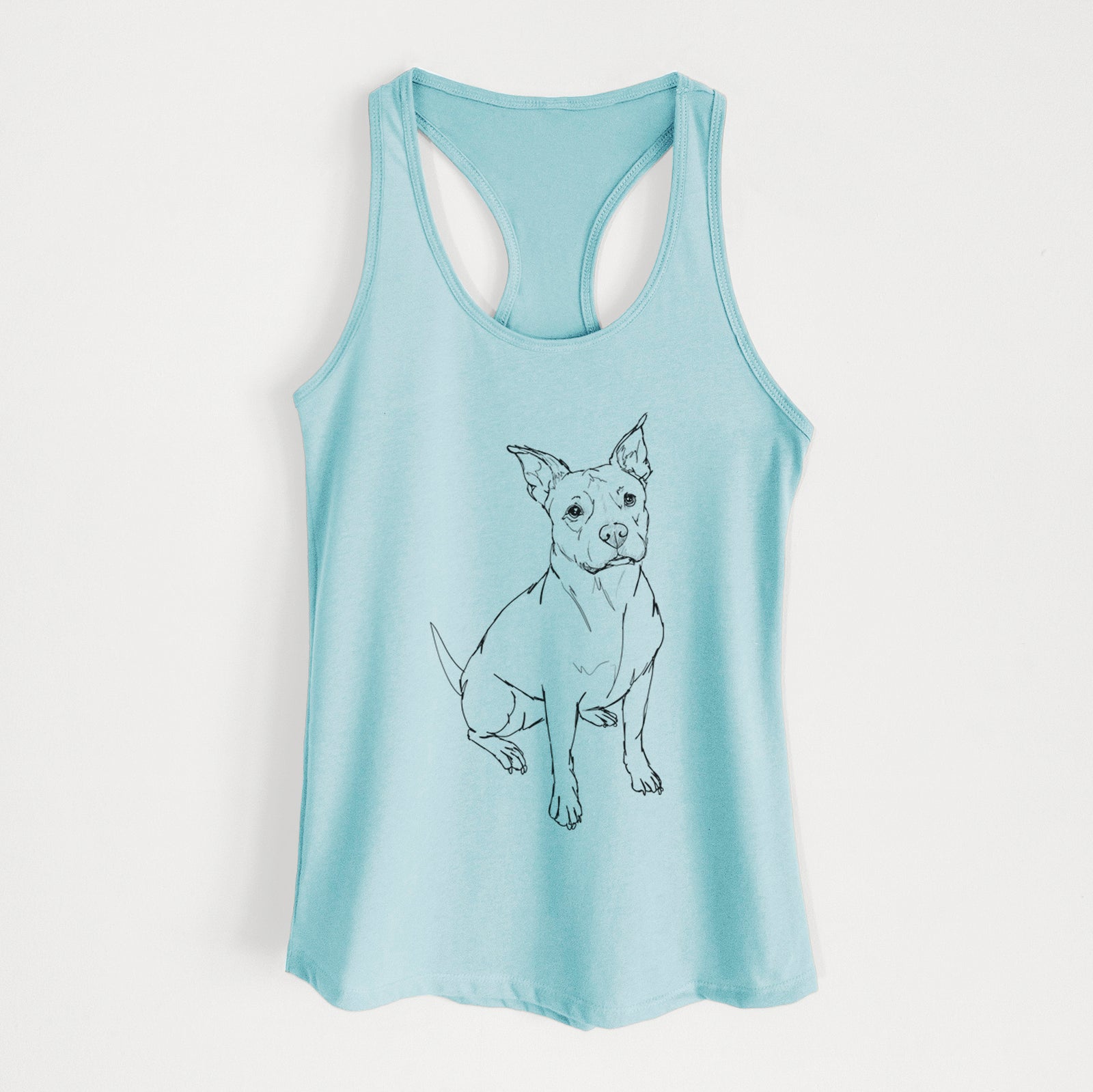 Full-body line drawing of Tater Tot the American Staffordshire Terrier on a Cancun Blue Women's racerback tanktop