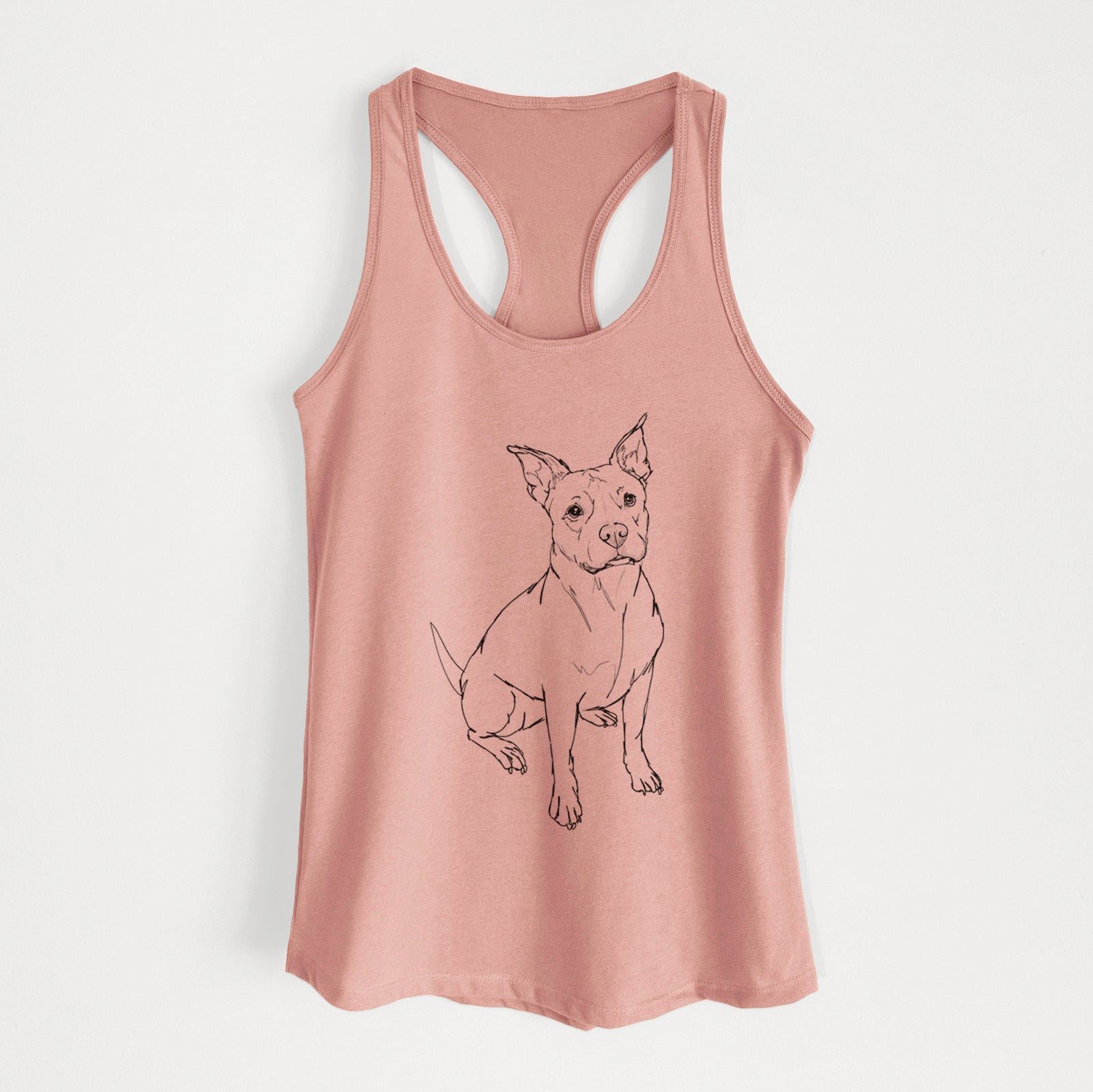 Full-body line drawing of Tater Tot the American Staffordshire Terrier on a Desert Pink Women's racerback tanktop