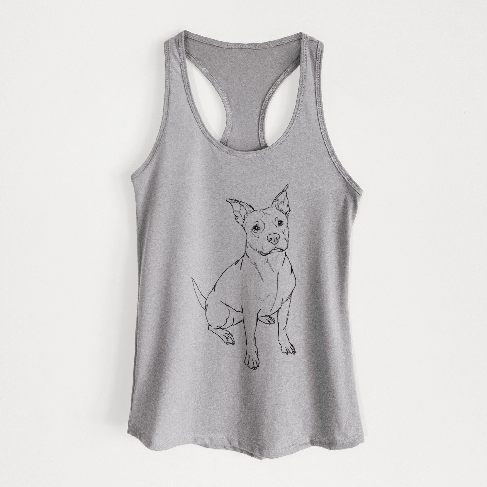 Full-body line drawing of Tater Tot the American Staffordshire Terrier on a Heather Grey Women's racerback tanktop