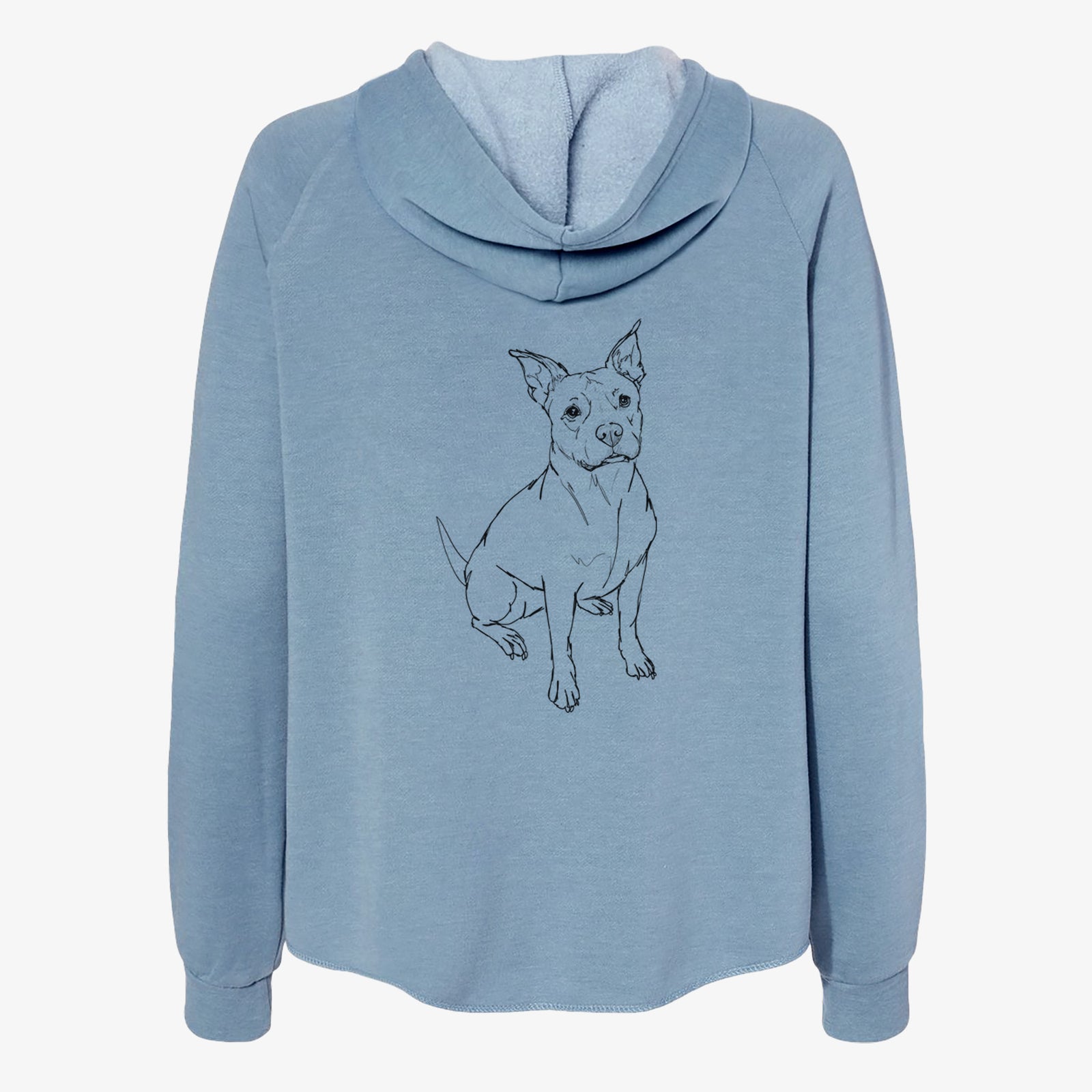 Full-body line drawing of Tater Tot the American Staffordshire Terrier on a Misty Blue Women's cali wave zip-up sweatshirt