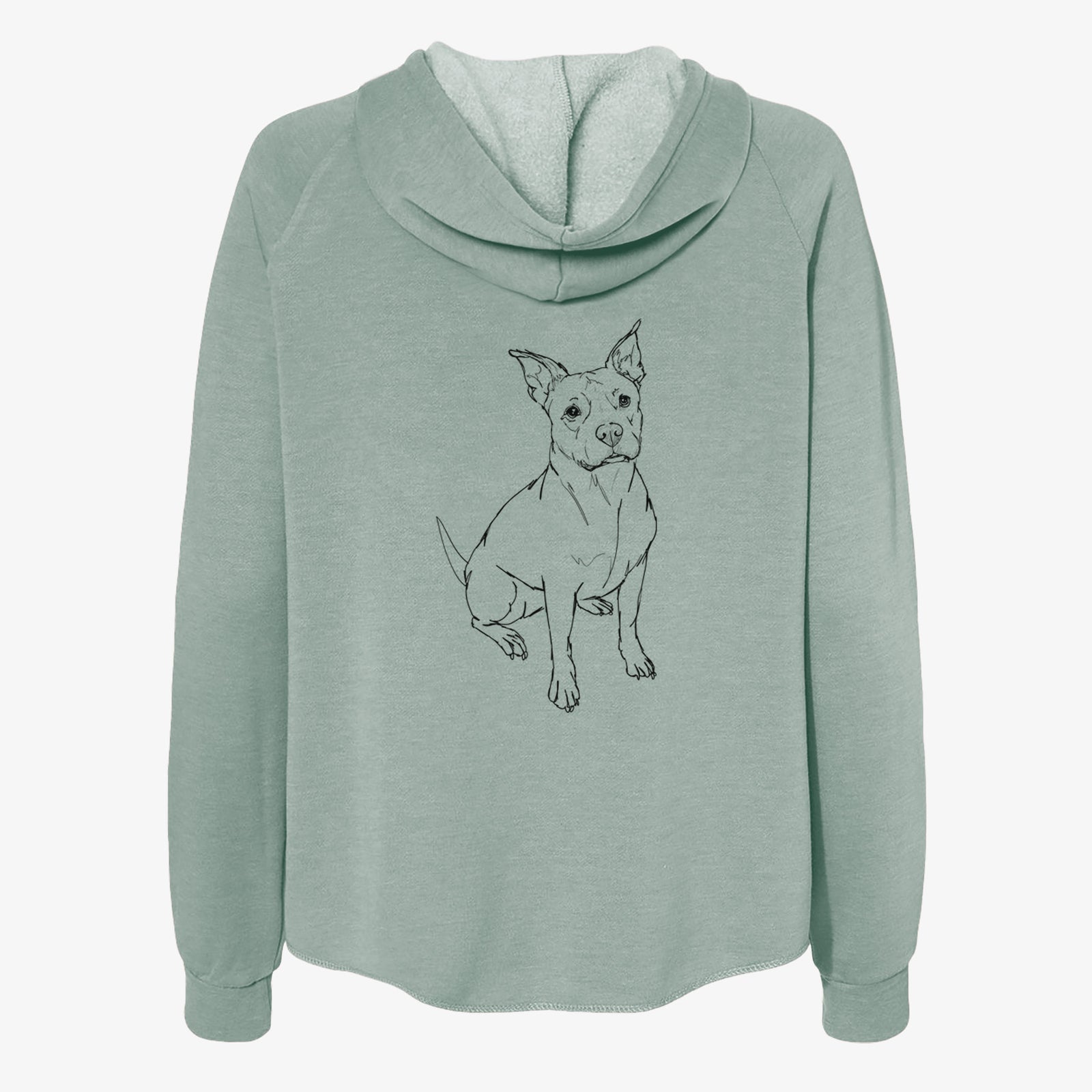 Full-body line drawing of Tater Tot the American Staffordshire Terrier on a Sage Women's cali wave zip-up sweatshirt