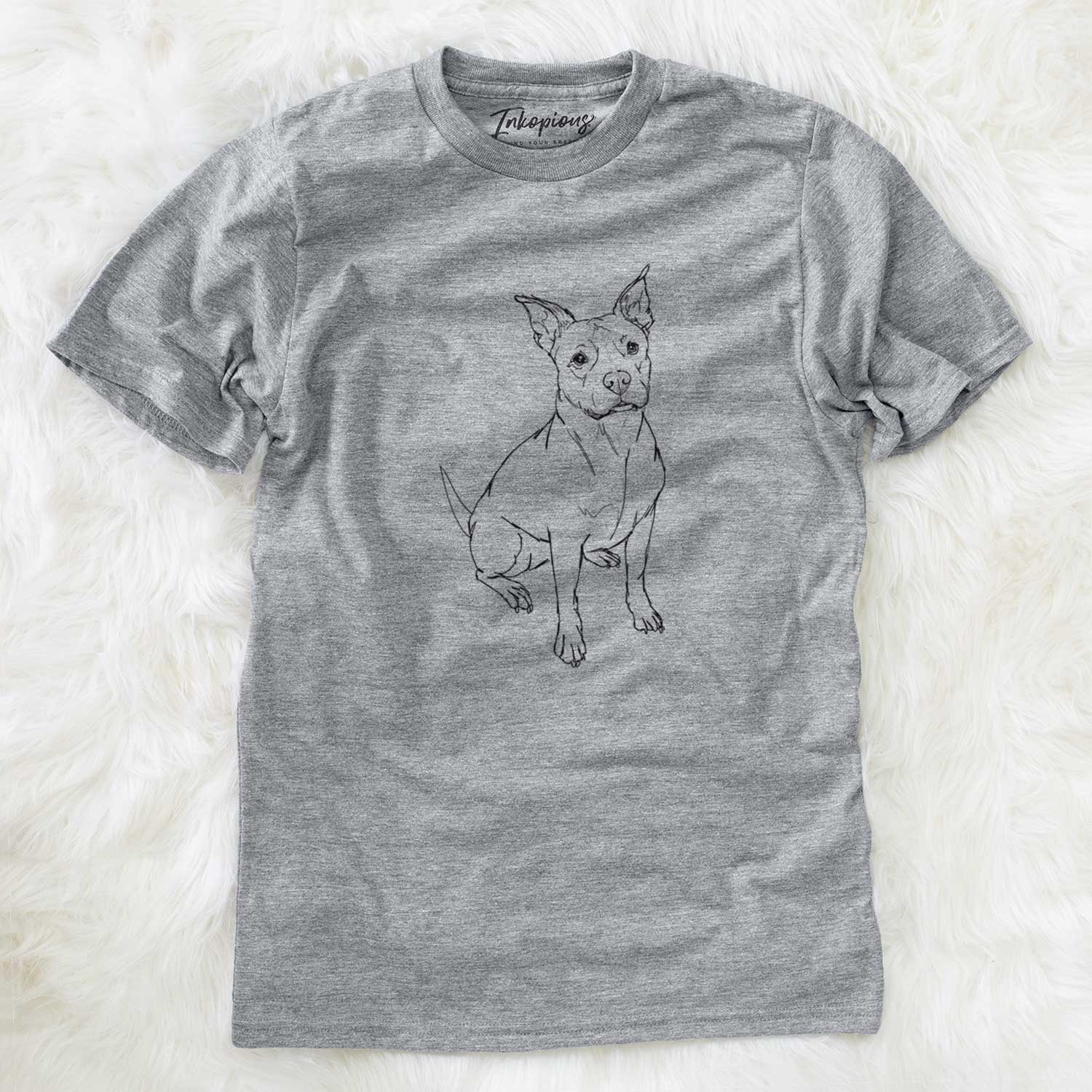 Full-body line drawing of Tater Tot the American Staffordshire Terrier on a Grey Unisex crewneck