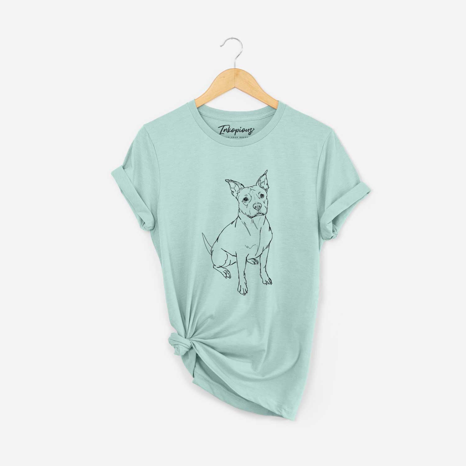 Full-body line drawing of Tater Tot the American Staffordshire Terrier on a Heather Sage Unisex crewneck