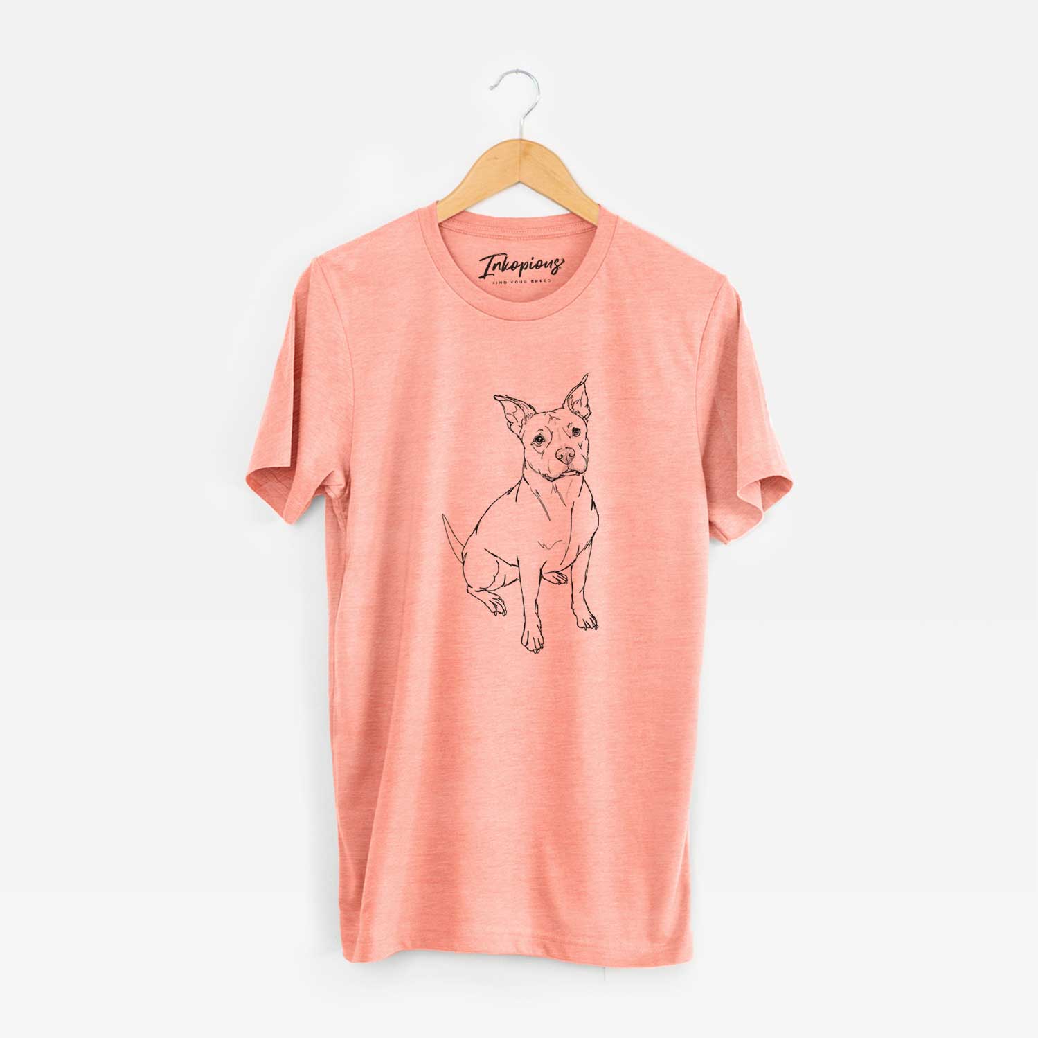 Full-body line drawing of Tater Tot the American Staffordshire Terrier on a Sunset Unisex crewneck