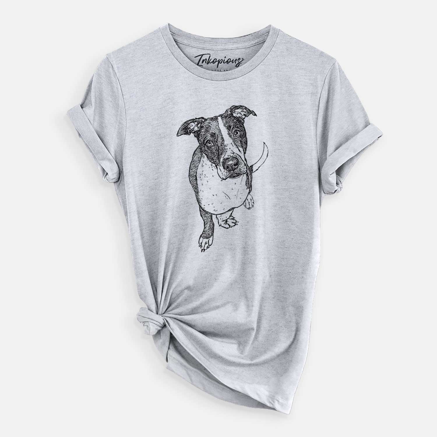 Full-body line drawing of Vinny the Pitbull on a Grey Unisex crewneck