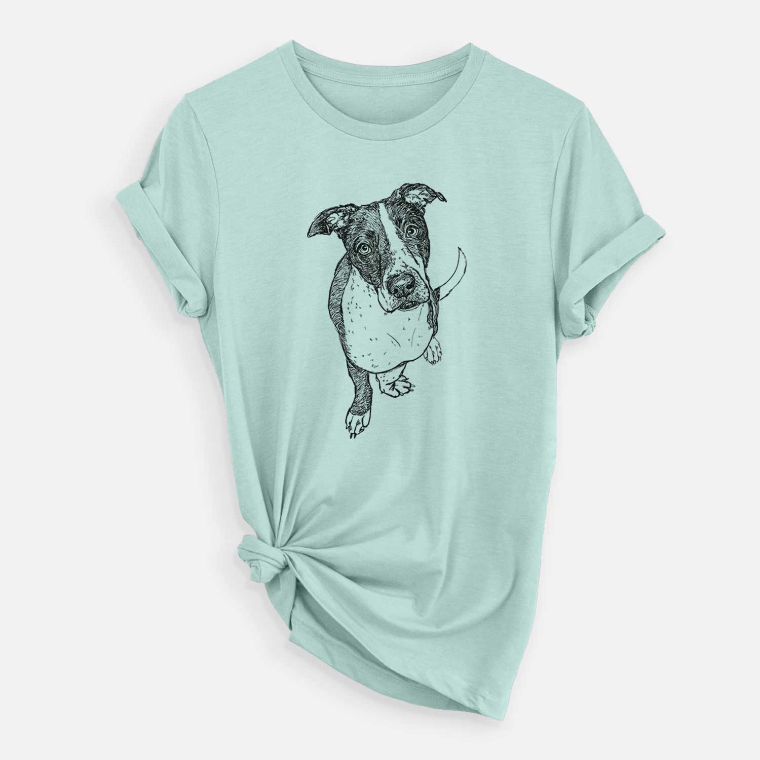 Full-body line drawing of Vinny the Pitbull on a Heather Sage Unisex crewneck