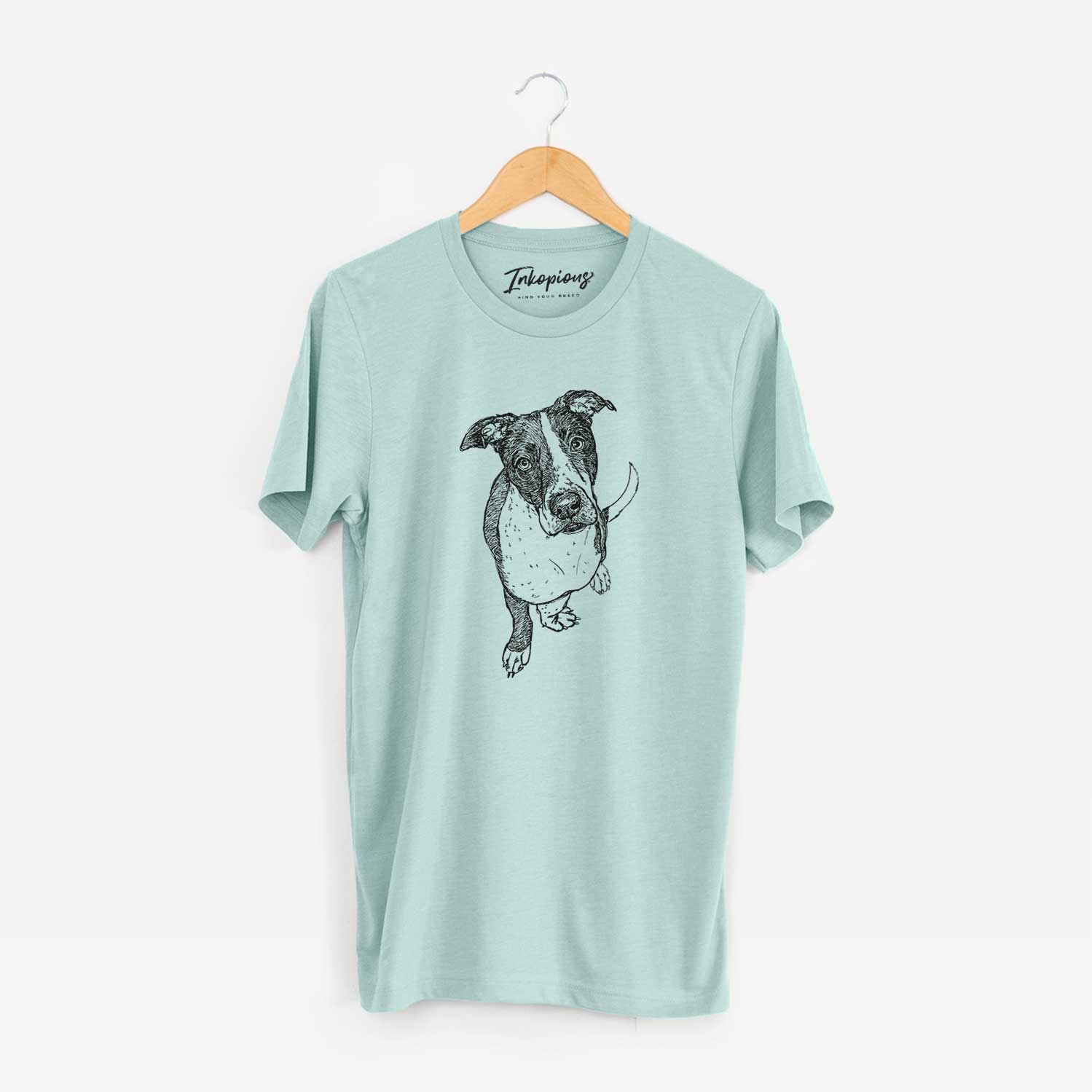 Full-body line drawing of Vinny the Pitbull on a Heather Sage Unisex crewneck