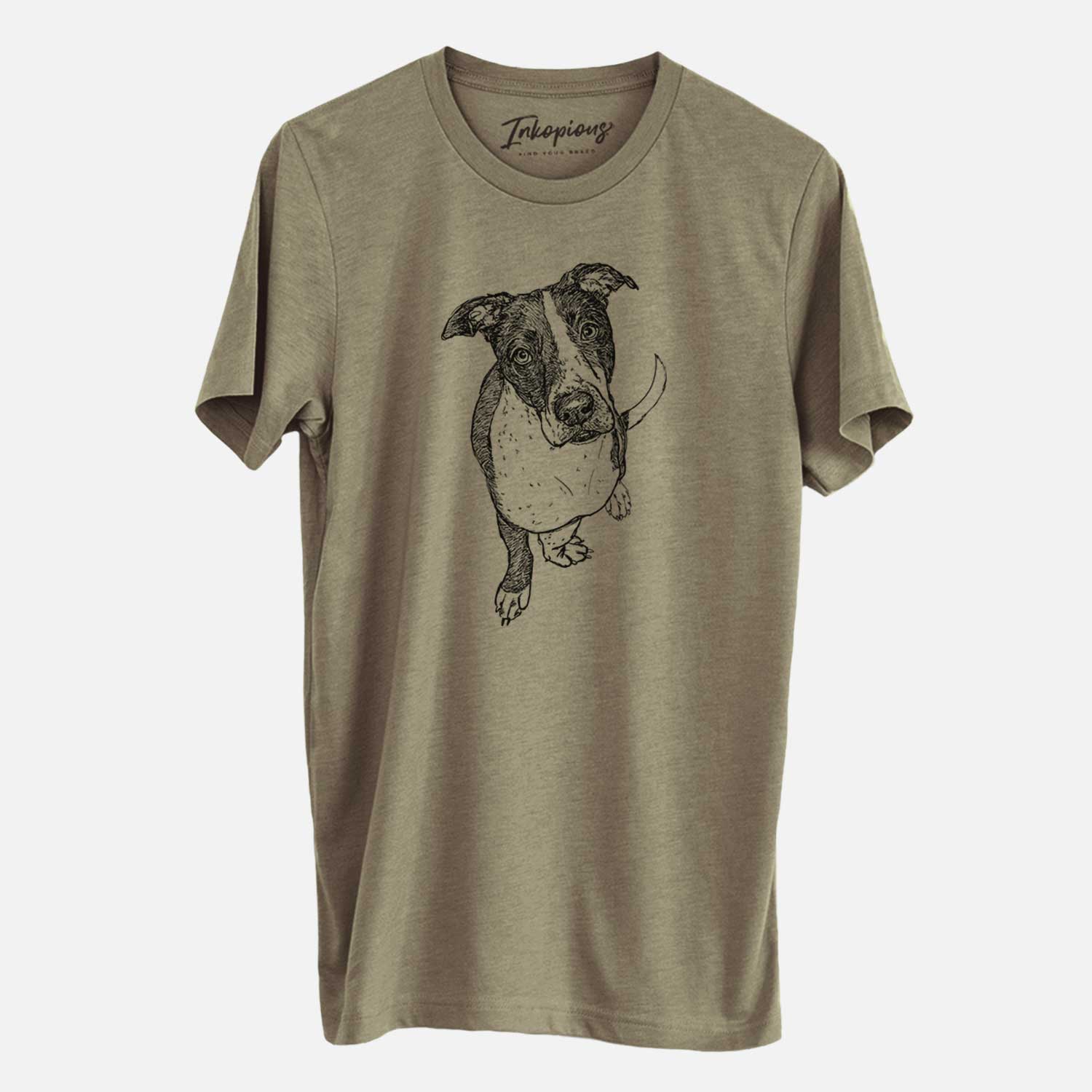 Full-body line drawing of Vinny the Pitbull on an Olive Unisex crewneck