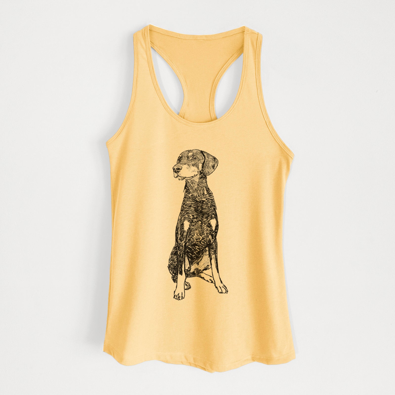 Full-body line drawing of Whiskey the Doberman Pinscher on a Banana Cream Women's racerback tanktop