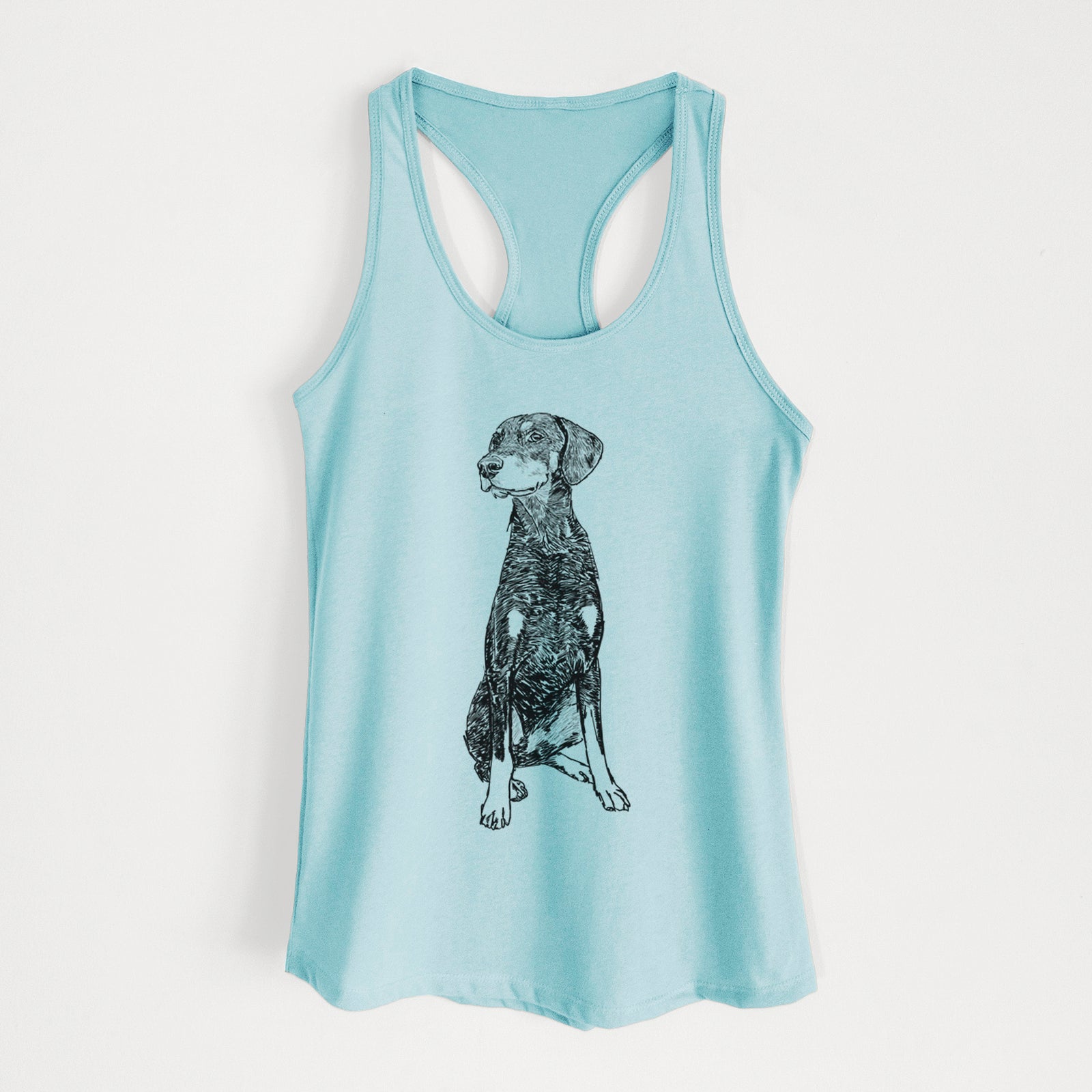 Full-body line drawing of Whiskey the Doberman Pinscher on a Cancun Blue Women's racerback tanktop