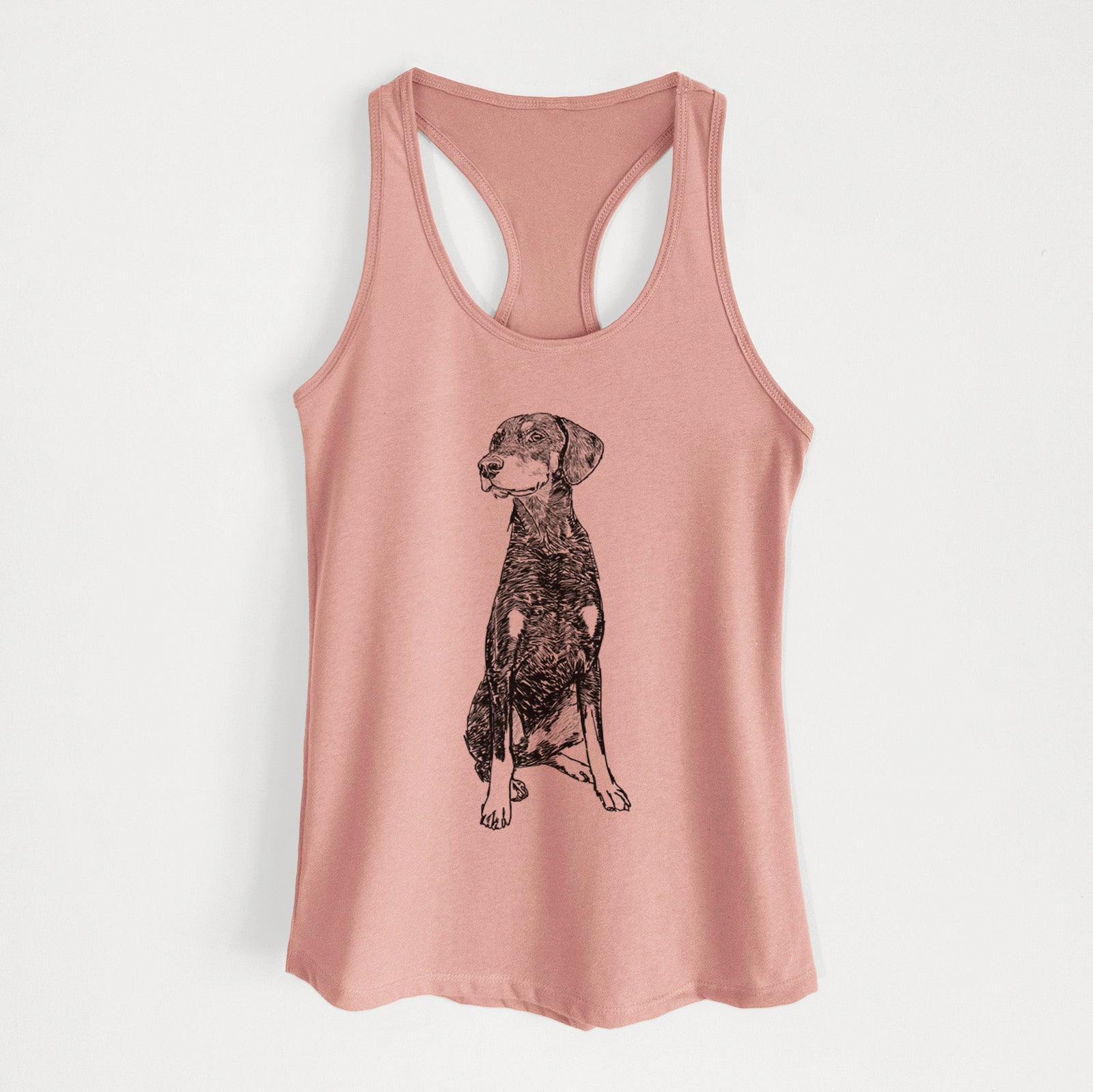 Full-body line drawing of Whiskey the Doberman Pinscher on a Desert Pink Women's racerback tanktop