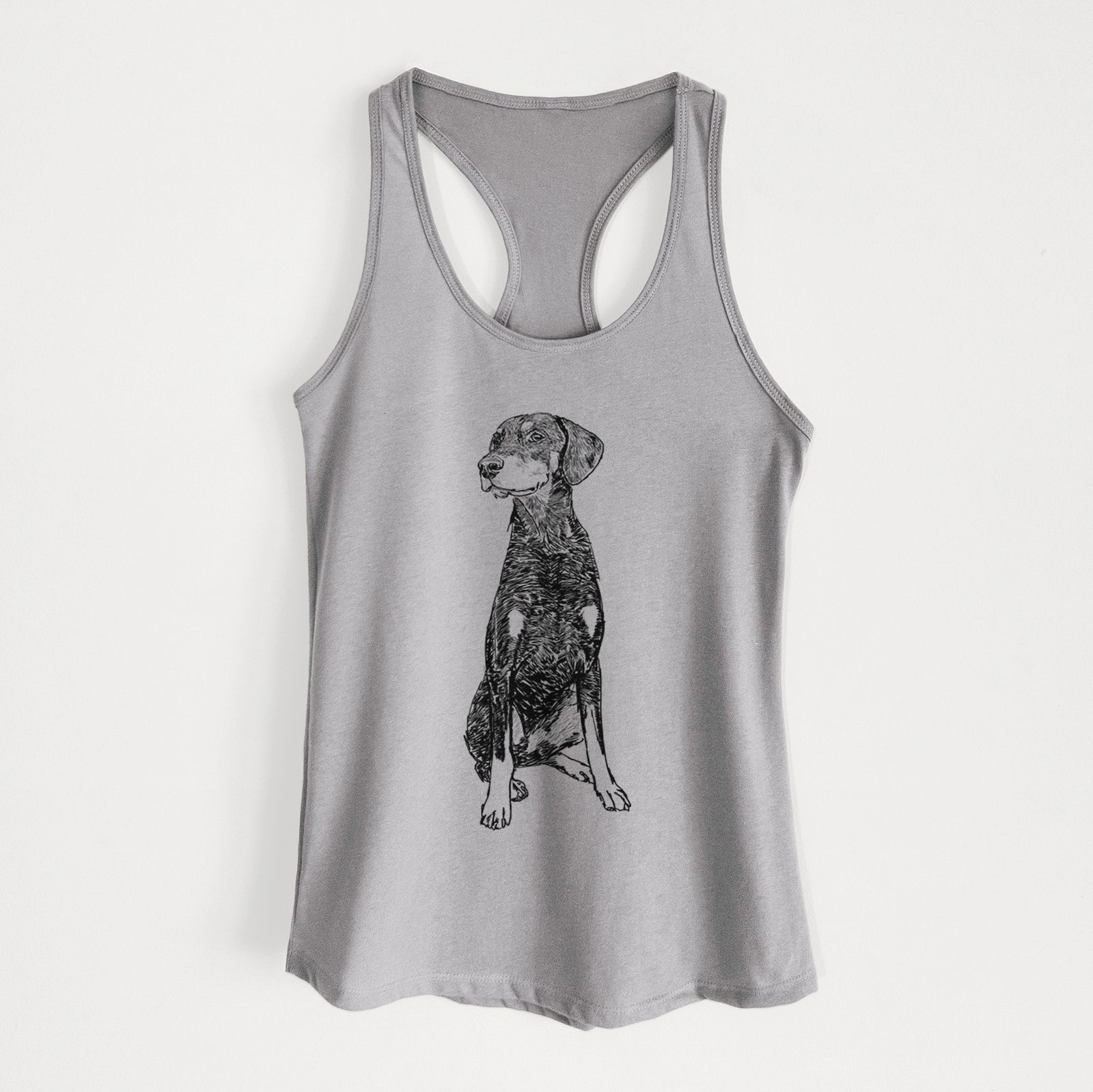 Full-body line drawing of Whiskey the Doberman Pinscher on a Heather Grey Women's racerback tanktop