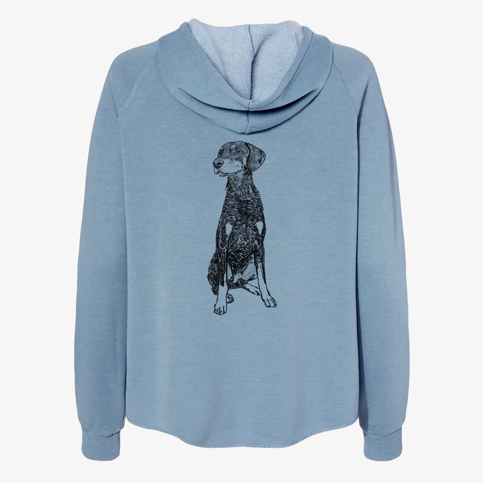 Full-body line drawing of Whiskey the Doberman Pinscher on a Misty Blue Women's cali wave zip-up sweatshirt