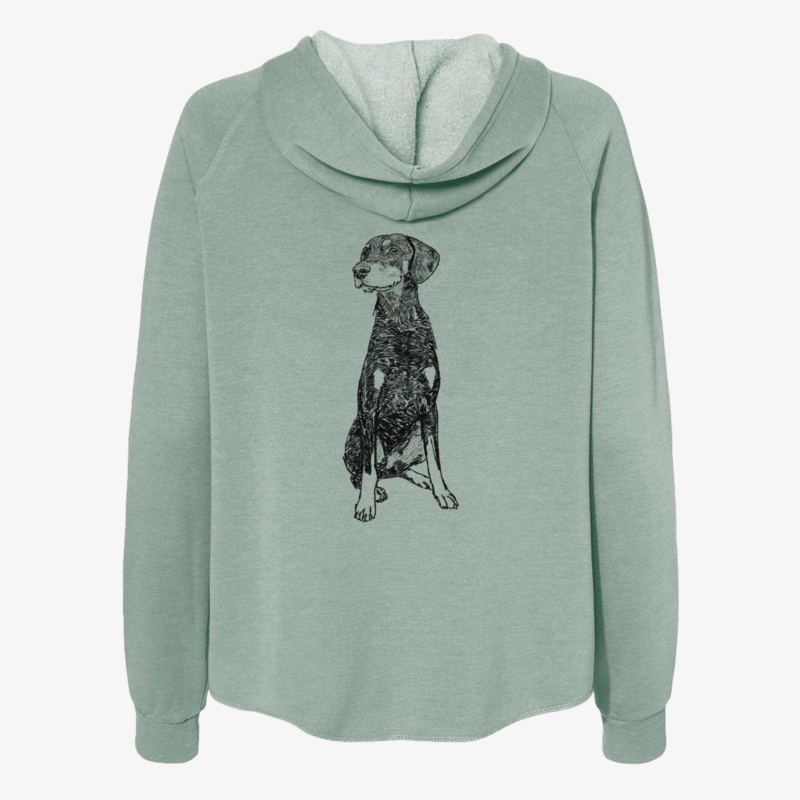 Full-body line drawing of Whiskey the Doberman Pinscher on a Sage Women's cali wave zip-up sweatshirt