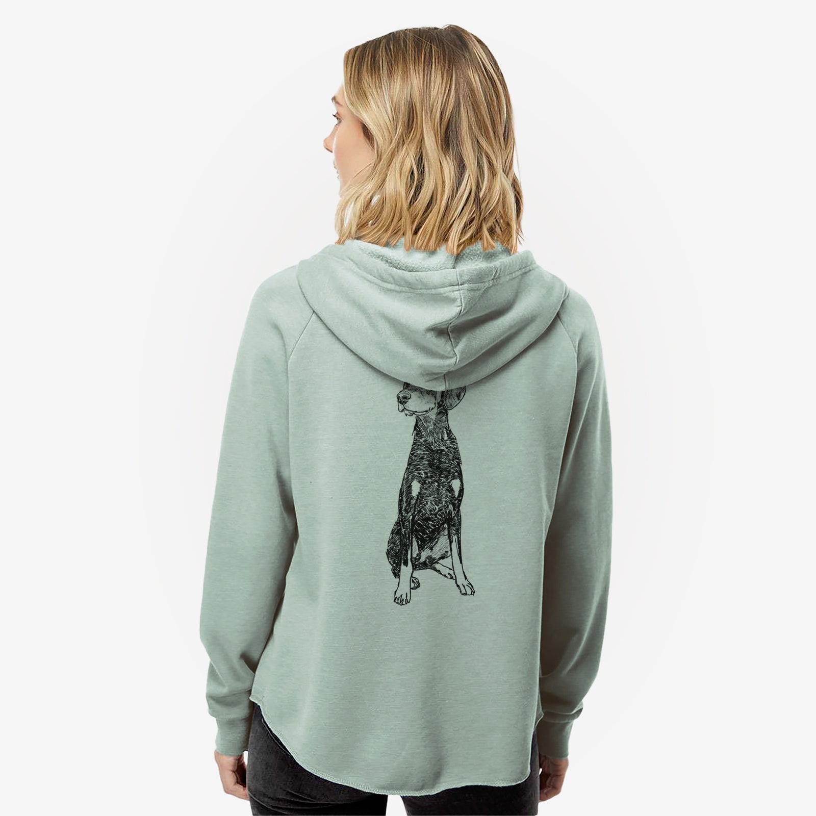 Full-body line drawing of Whiskey the Doberman Pinscher on a Sage Women's cali wave zip-up sweatshirt