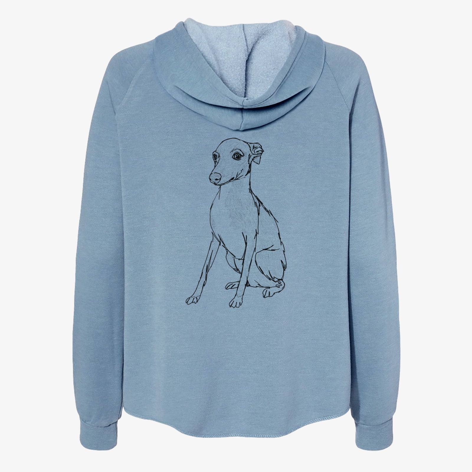 Full-body line drawing of Winston the Italian Greyhound Puppy on a Misty Blue Women's cali wave zip-up sweatshirt