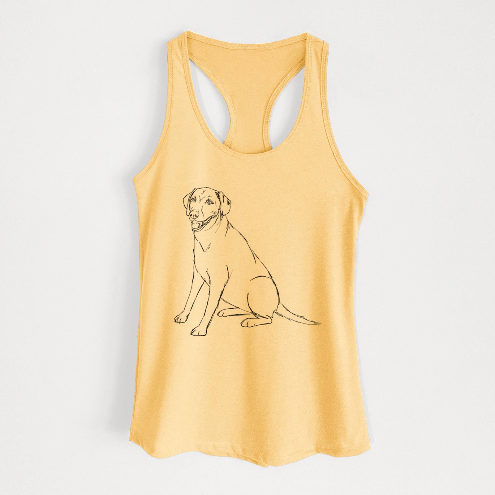 Full-body line drawing of Winston the Labmaraner on a Banana Cream Women's racerback tanktop