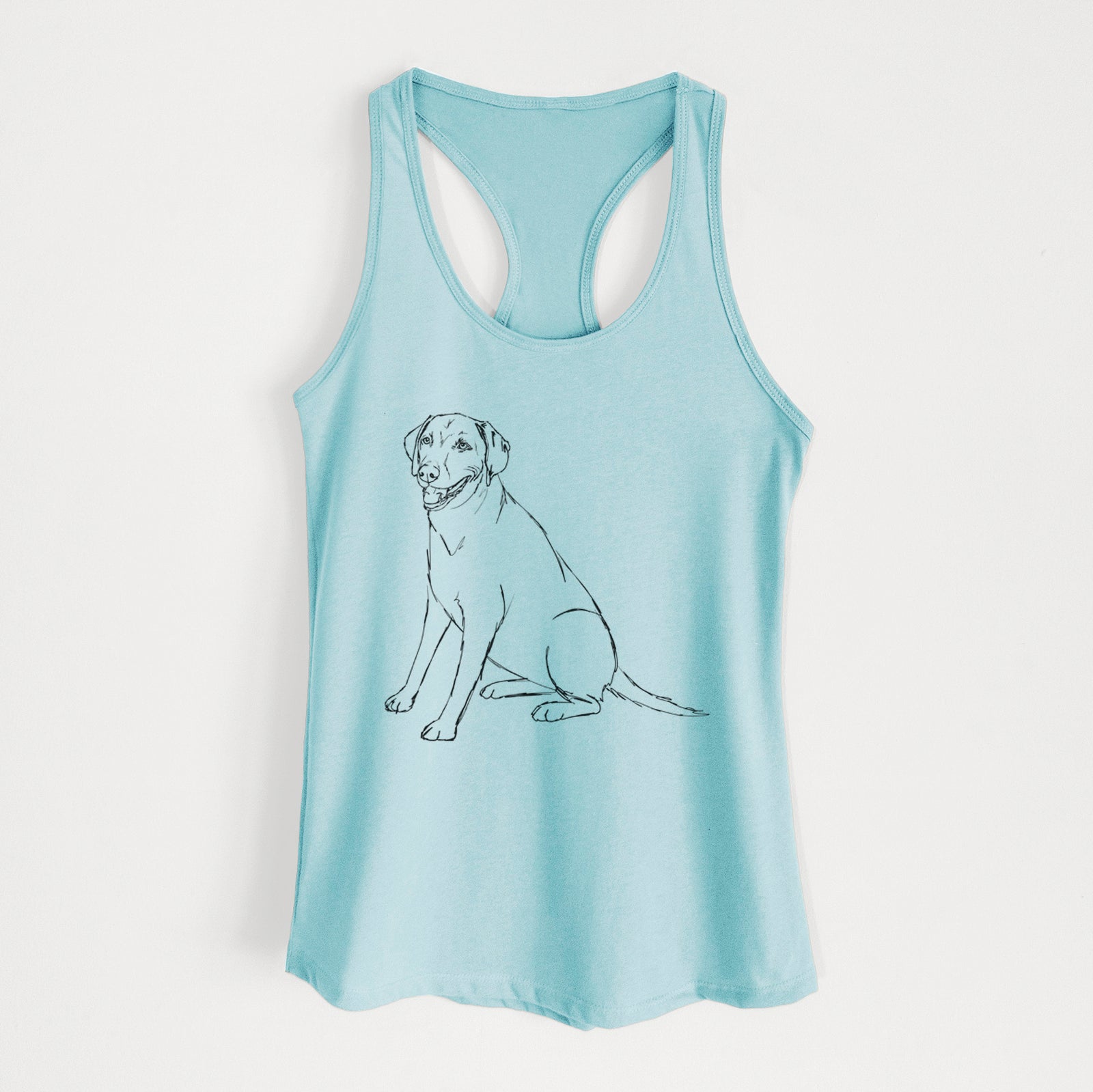 Full-body line drawing of Winston the Labmaraner on a Cancun Blue Women's racerback tanktop