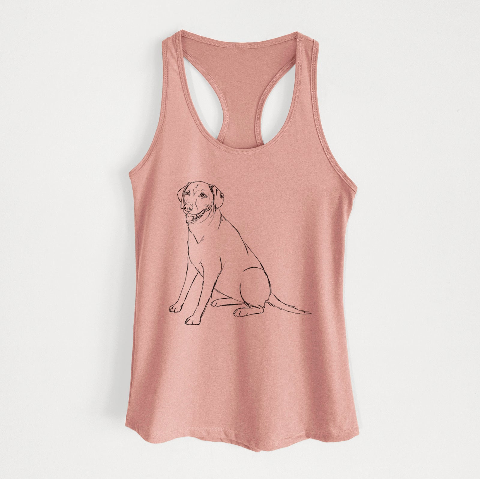 Full-body line drawing of Winston the Labmaraner on a Desert Pink Women's racerback tanktop