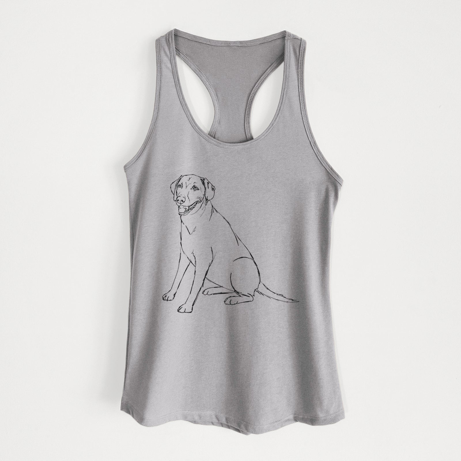 Full-body line drawing of Winston the Labmaraner on a Heather Grey Women's racerback tanktop