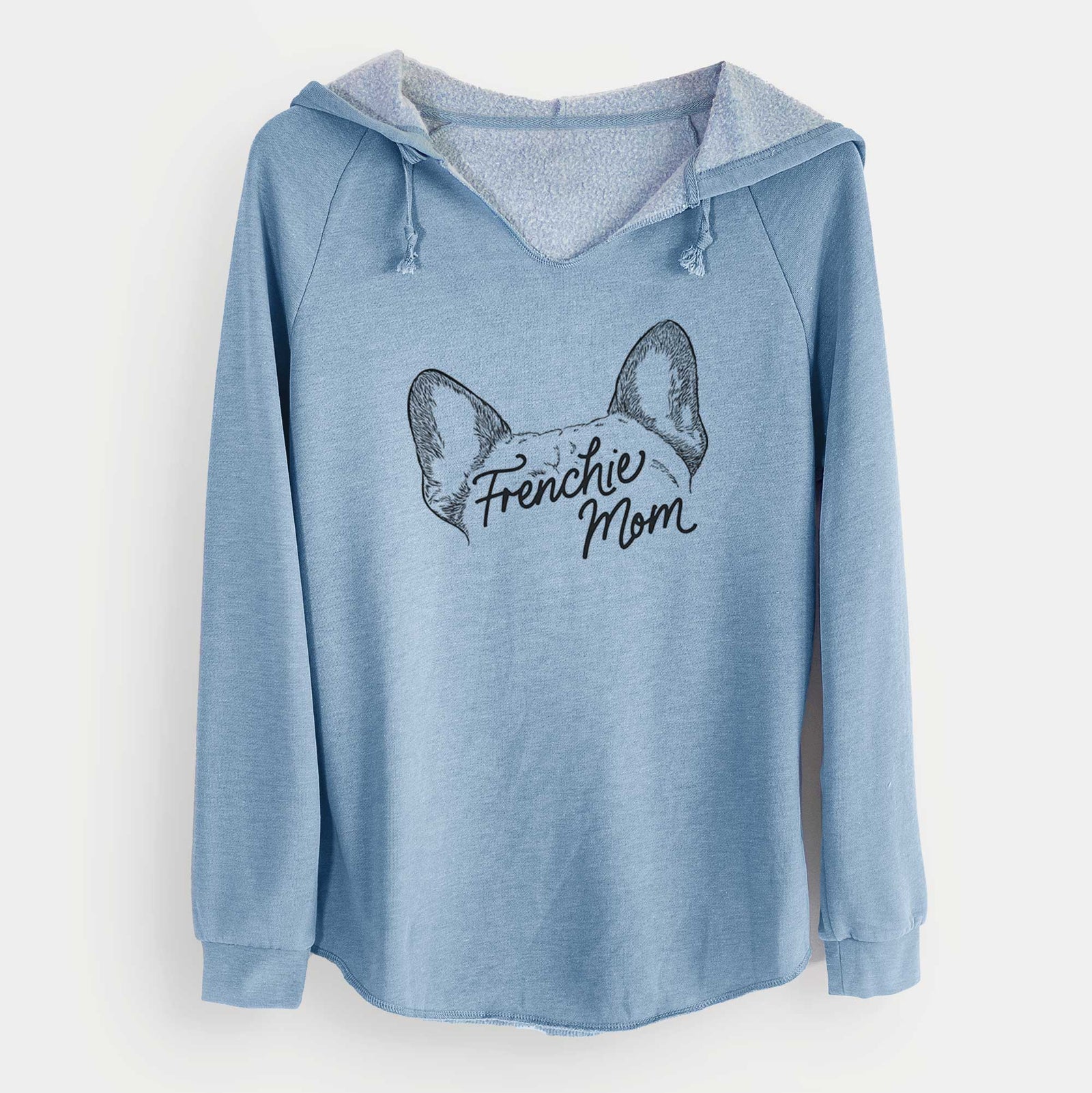 'French Bulldog Mom' design on a Misty Blue Cali Wave Hooded Sweatshirt