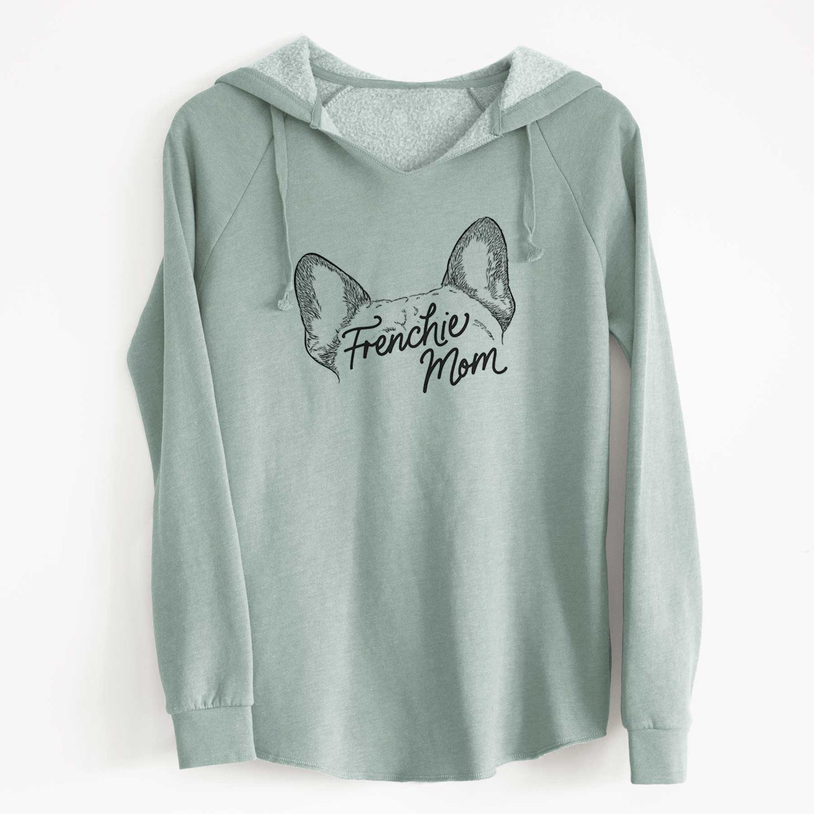 'French Bulldog Mom' design on a Sage Cali Wave Hooded Sweatshirt
