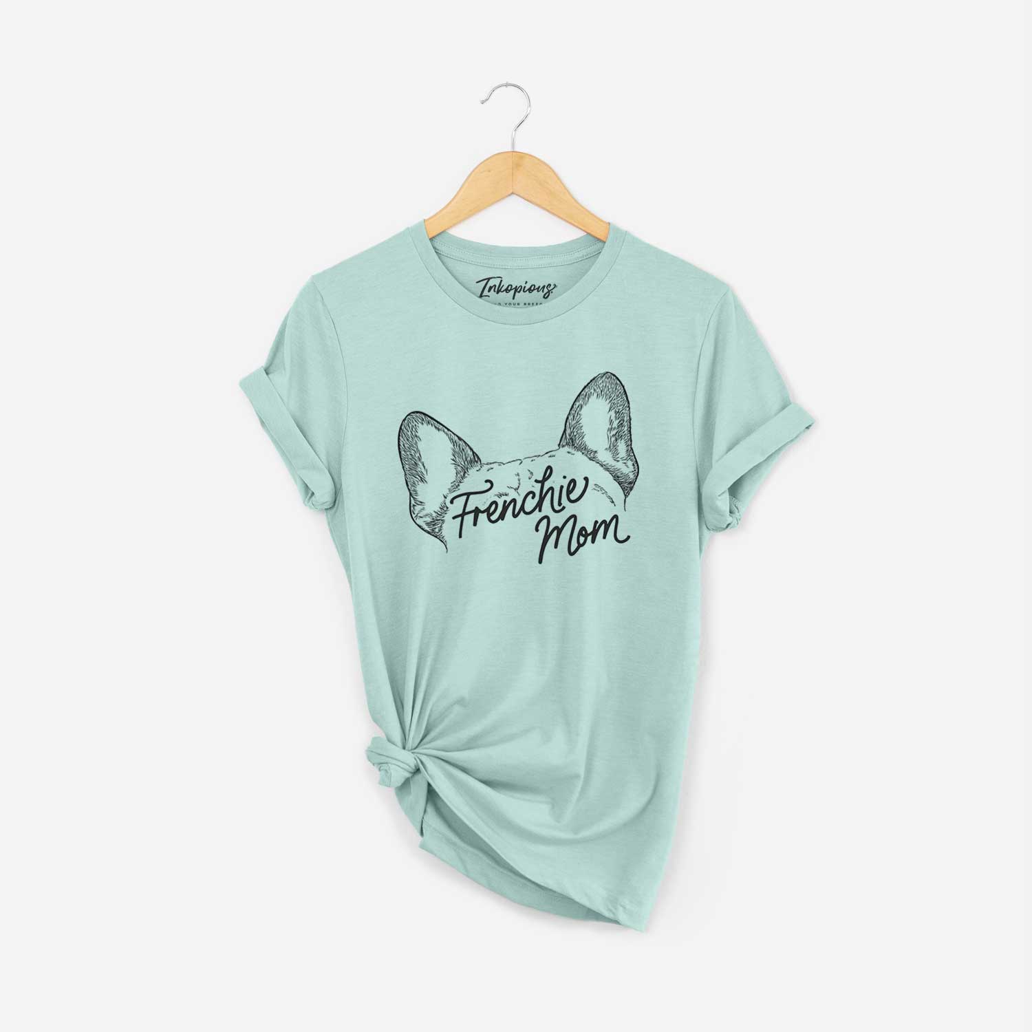 'French Bulldog Mom' design on a Heather Sage Unisex crewneck