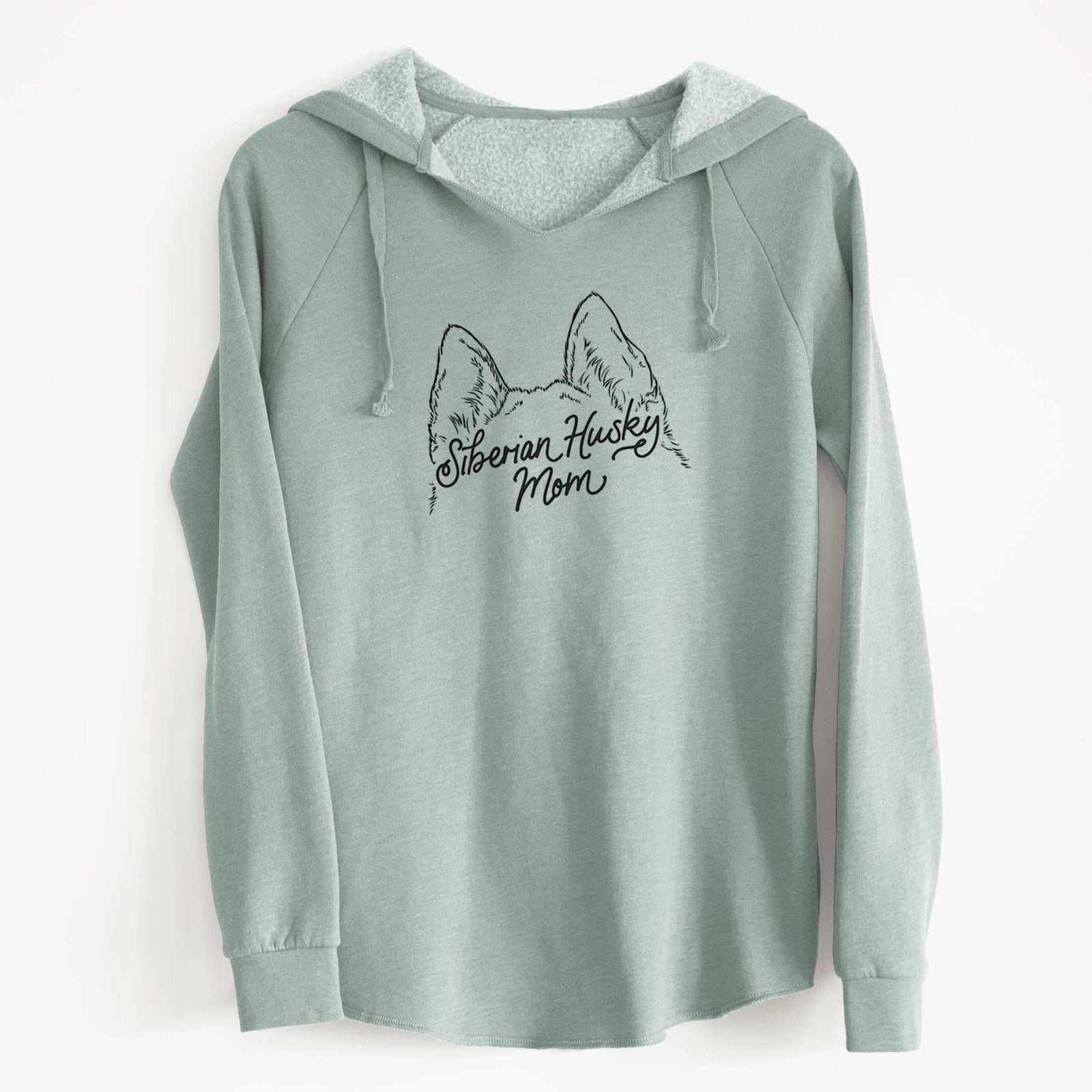 'Siberian Husky Mom' design on a Sage Cali Wave Hooded Sweatshirt