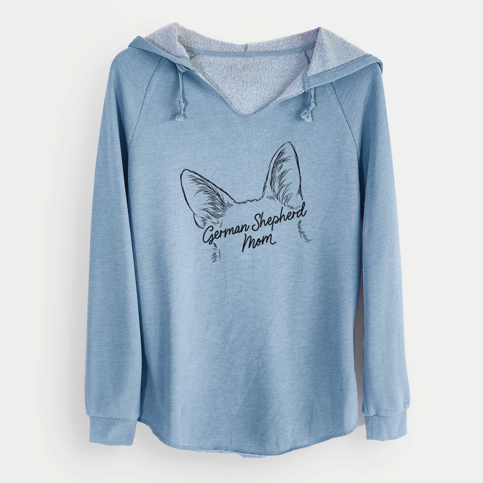 'German Shepherd Mom' design on a Misty Blue Cali Wave Hooded Sweatshirt