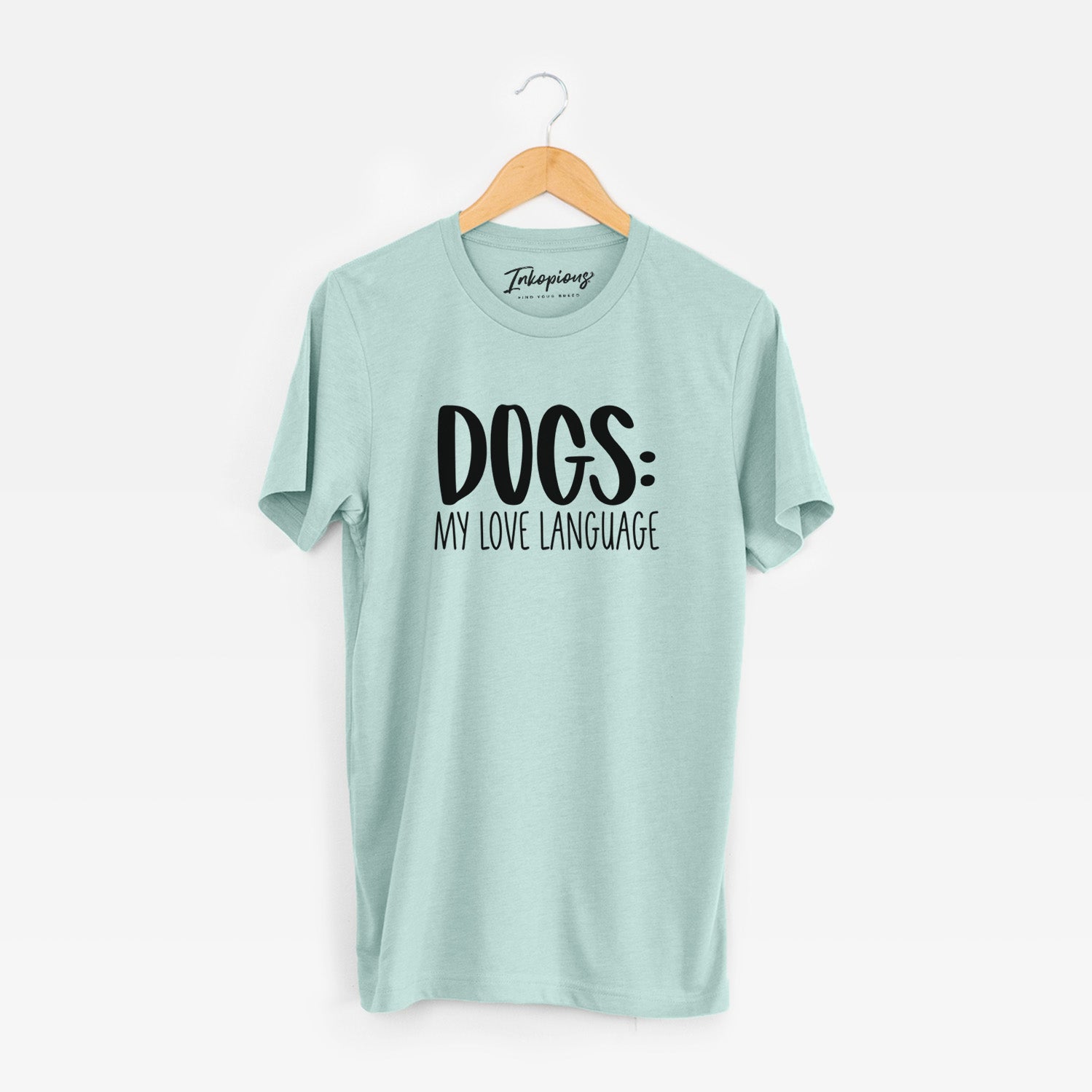 'Dogs: My Love Language' design on a Heather Sage Unisex crewneck
