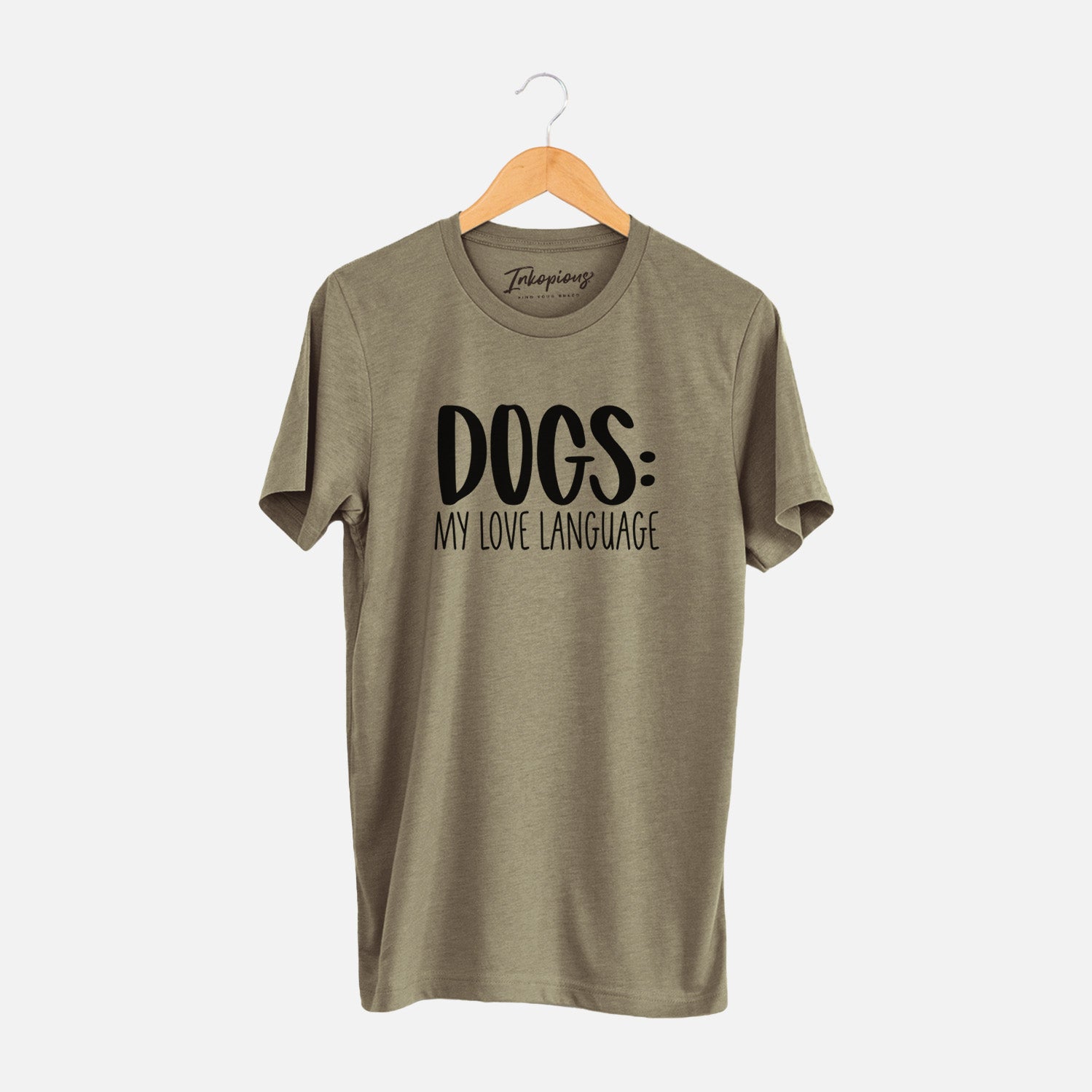 'Dogs: My Love Language' design on an Olive Unisex crewneck
