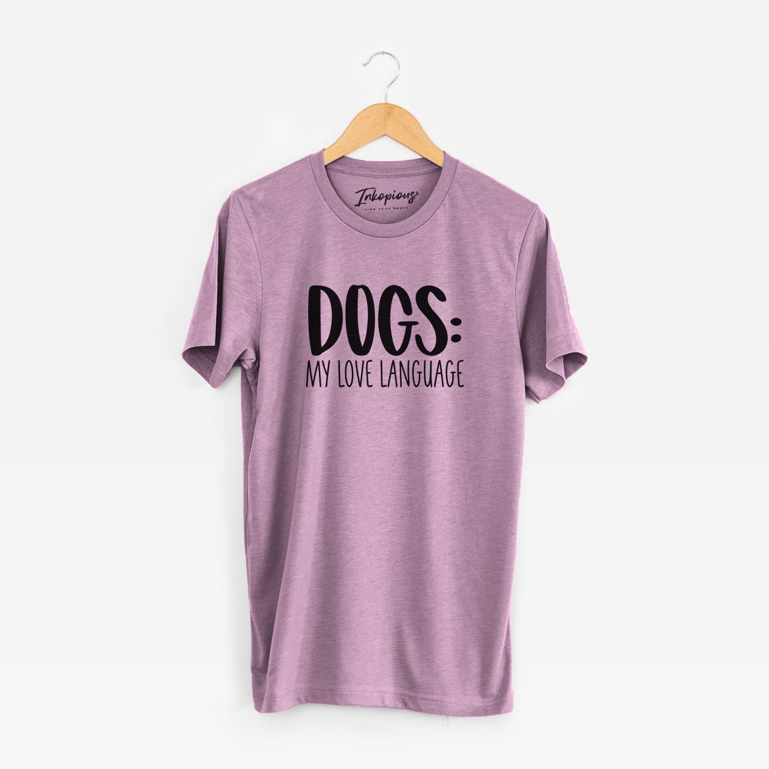 'Dogs: My Love Language' design on an Orchid Unisex crewneck