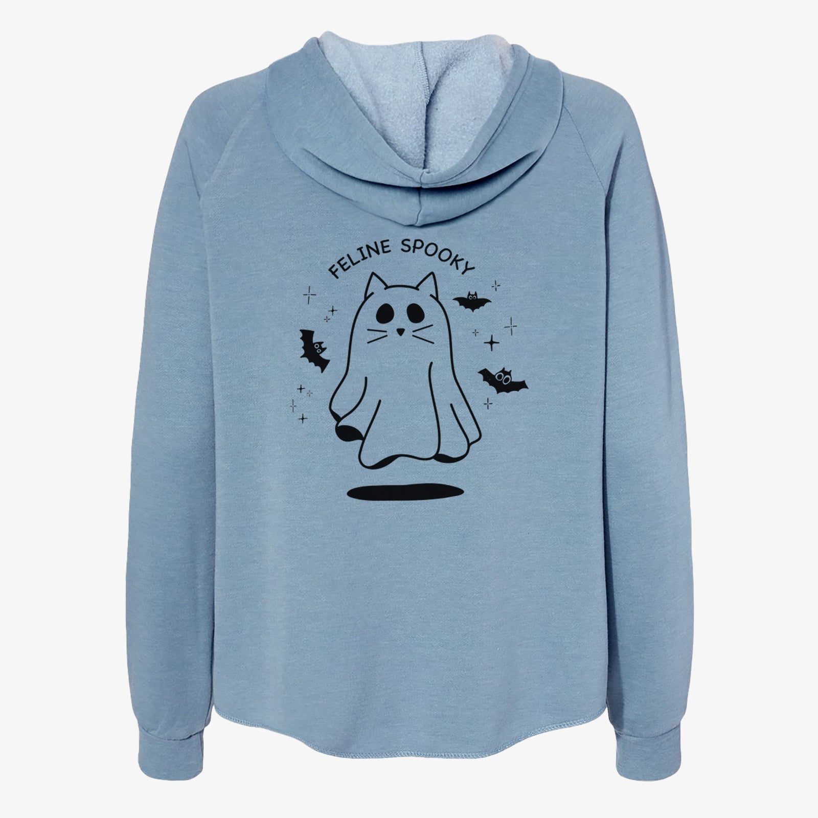 'Feline Spooky' design on a Misty Blue Women's cali wave zip-up sweatshirt