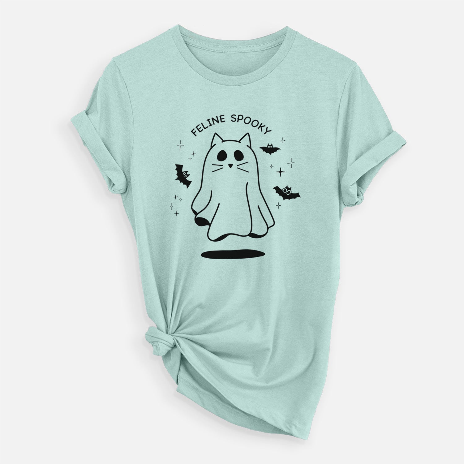 'Feline Spooky' design on a Heather Sage Unisex crewneck