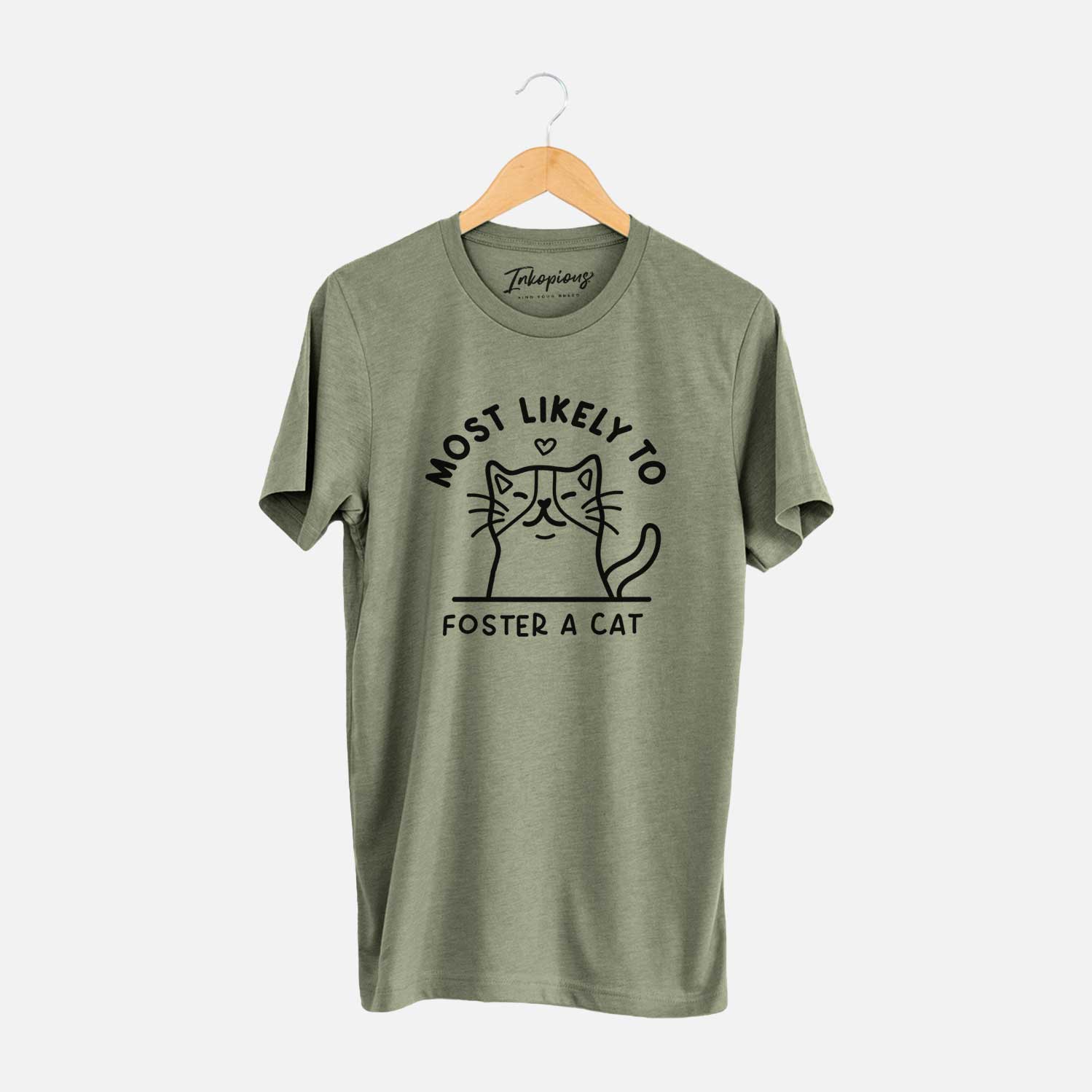 'Most Likely to Foster a Cat' design on an Olive Unisex crewneck