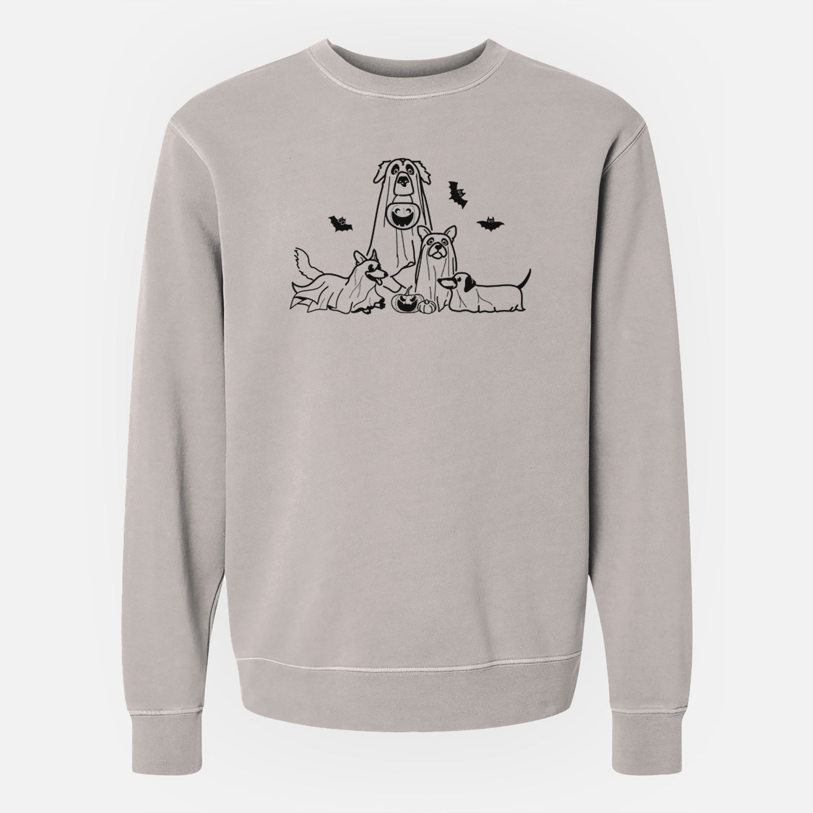 'Ghost Pups' design on a Cement Unisex pigment dyed crew sweatshirt