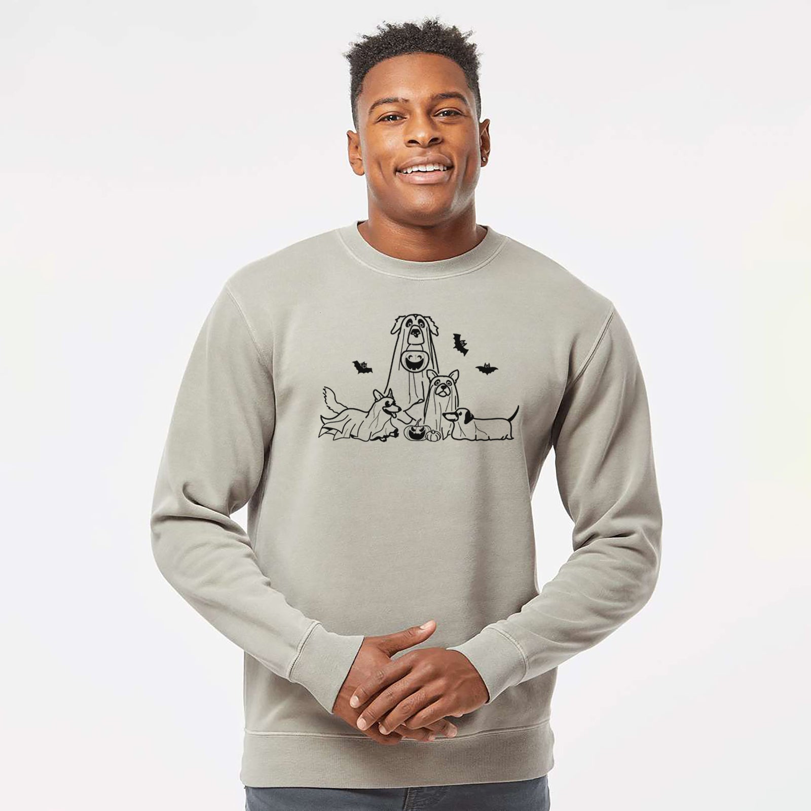 'Ghost Pups' design on a Cement Unisex pigment dyed crew sweatshirt