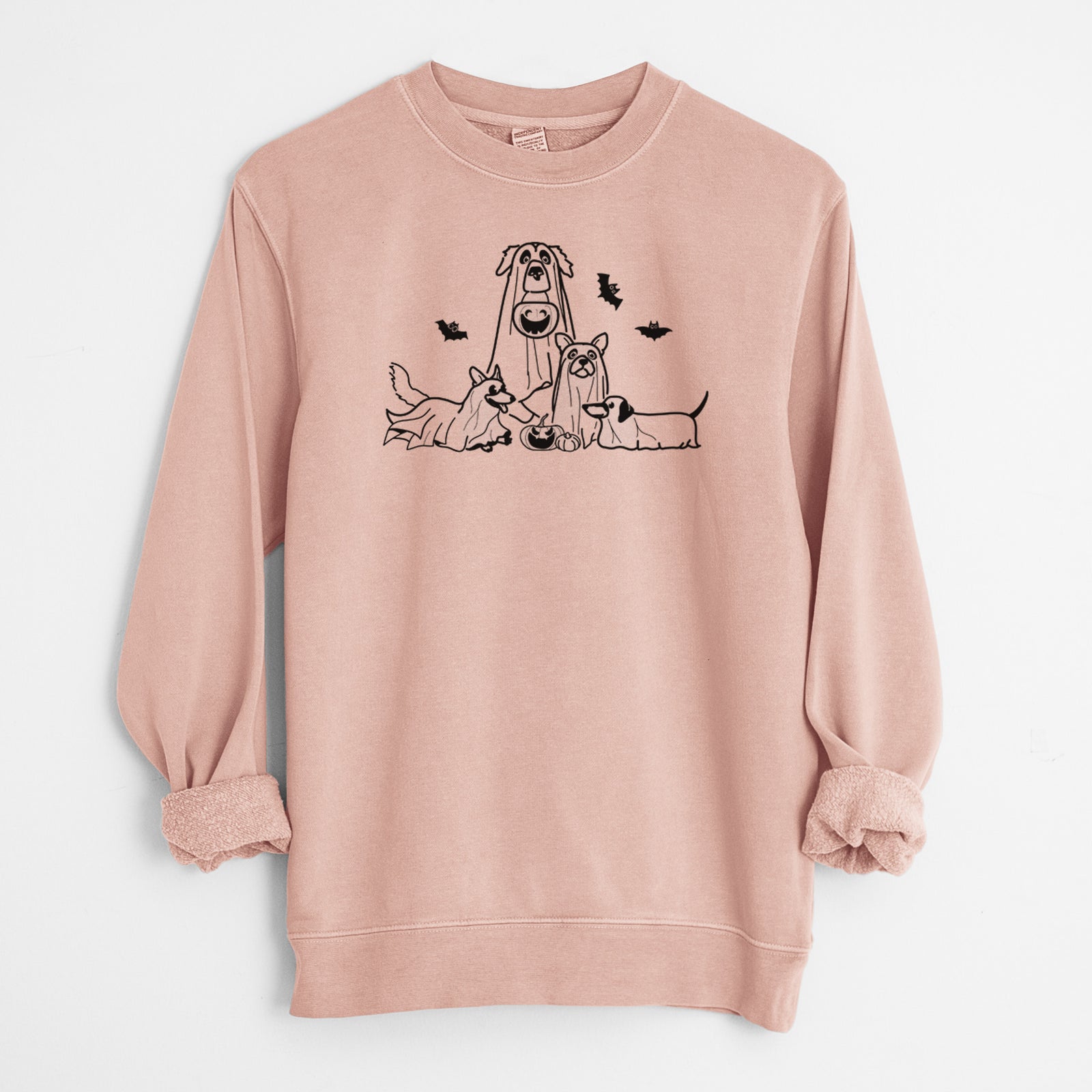 'Ghost Pups' design on a Dusty Pink Unisex pigment dyed crew sweatshirt