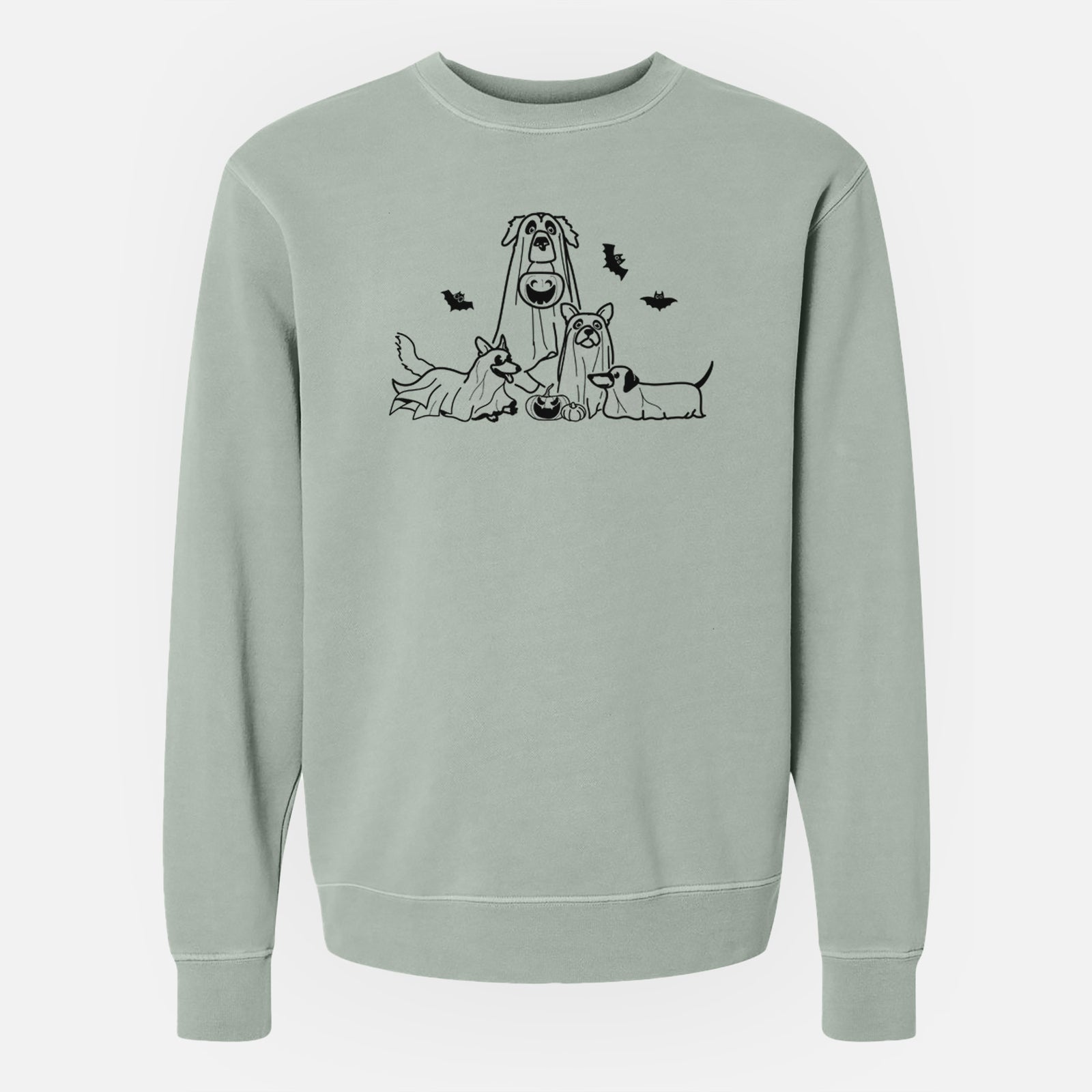 'Ghost Pups' design on a Sage Unisex pigment dyed crew sweatshirt