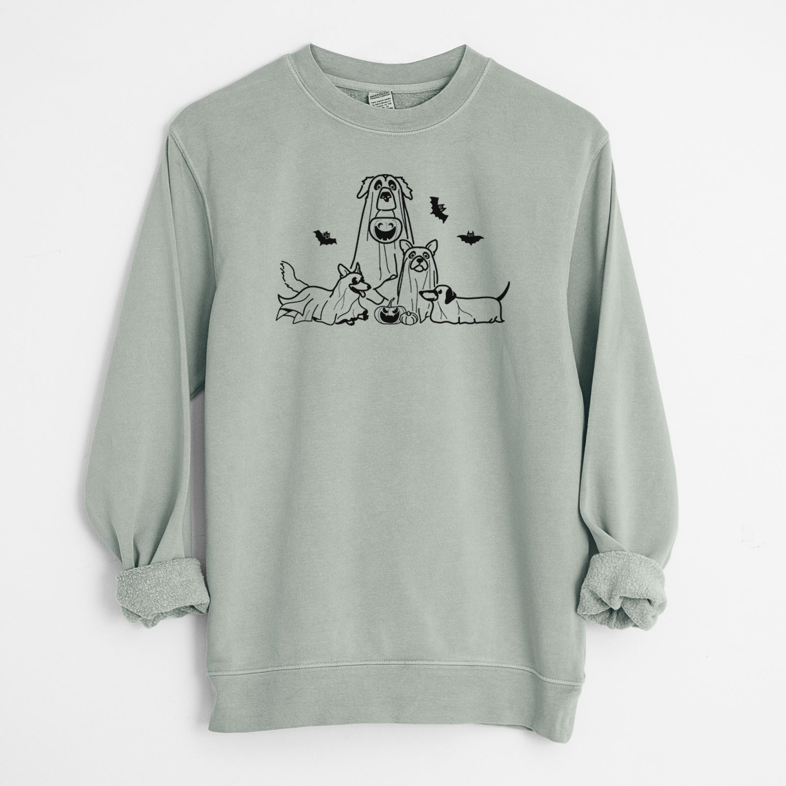'Ghost Pups' design on a Sage Unisex pigment dyed crew sweatshirt