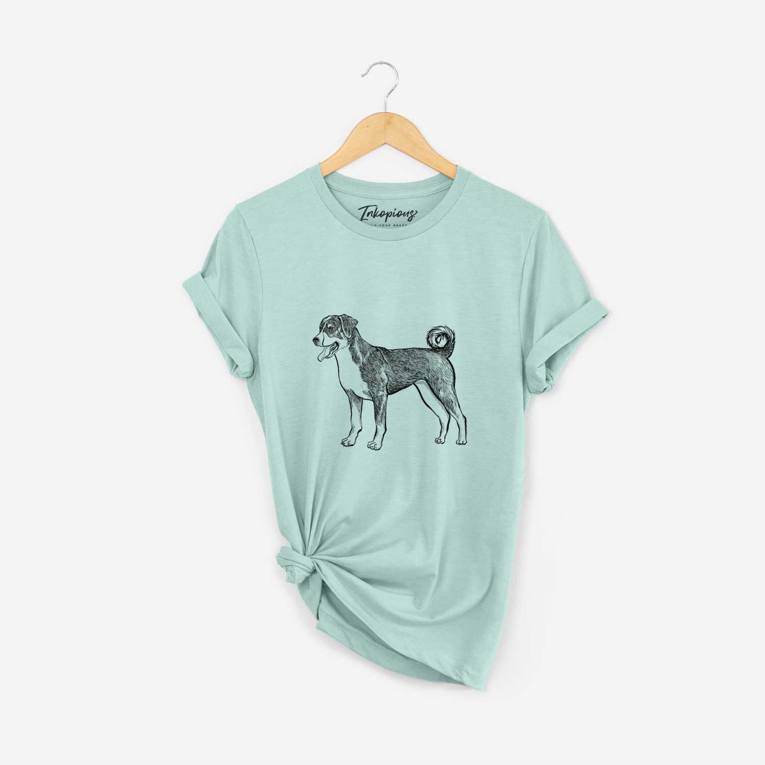Full-body sketch of an Appenzeller Sennenhunde on a Heather Sage Unisex crewneck