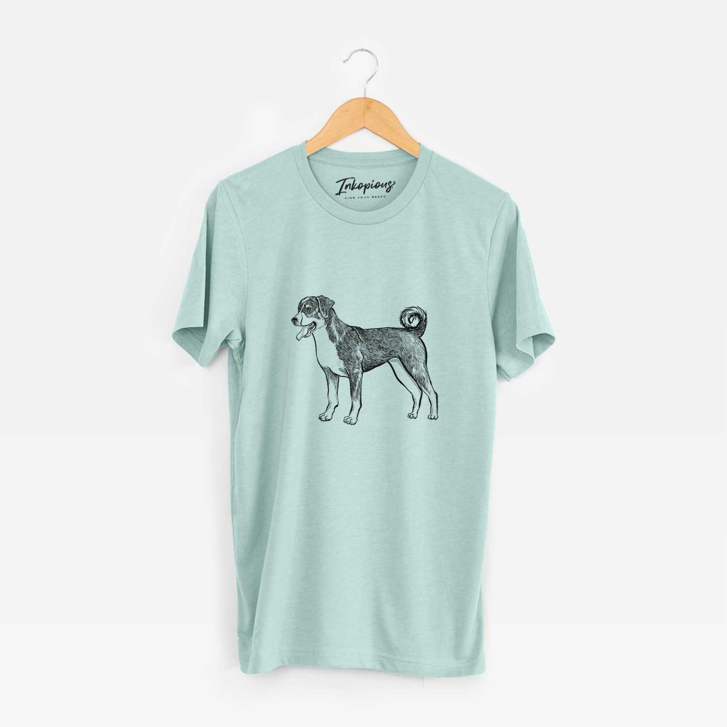 Full-body sketch of an Appenzeller Sennenhunde on a Heather Sage Unisex crewneck