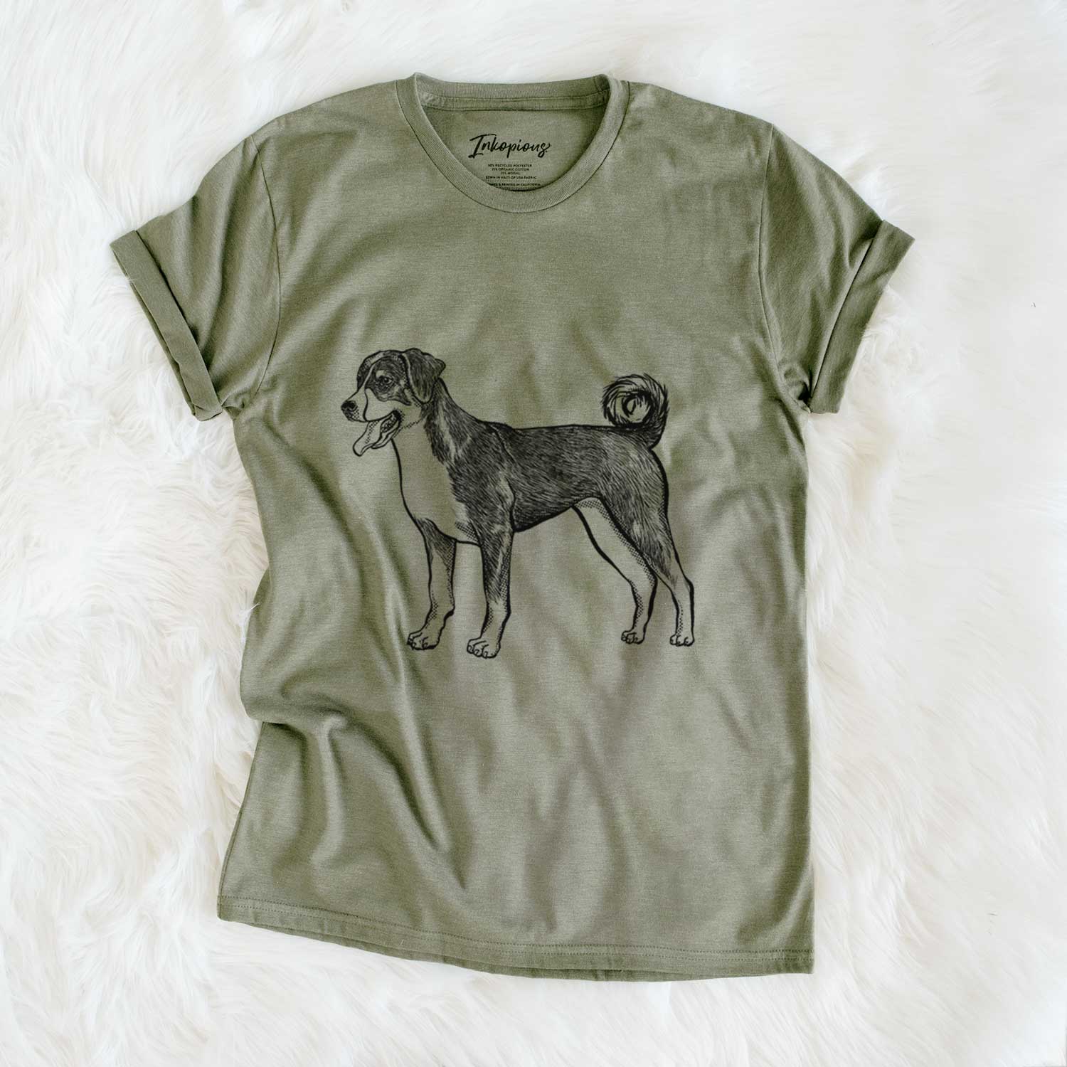 Full-body sketch of an Appenzeller Sennenhunde on an Olive Unisex crewneck