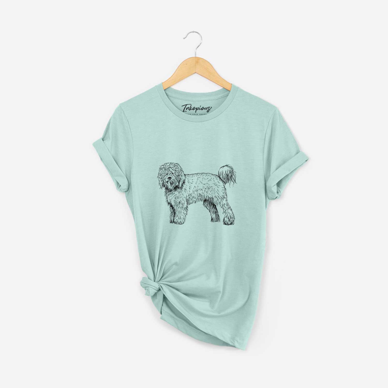 Full-body sketch of a Barbet on a Heather Sage Unisex crewneck