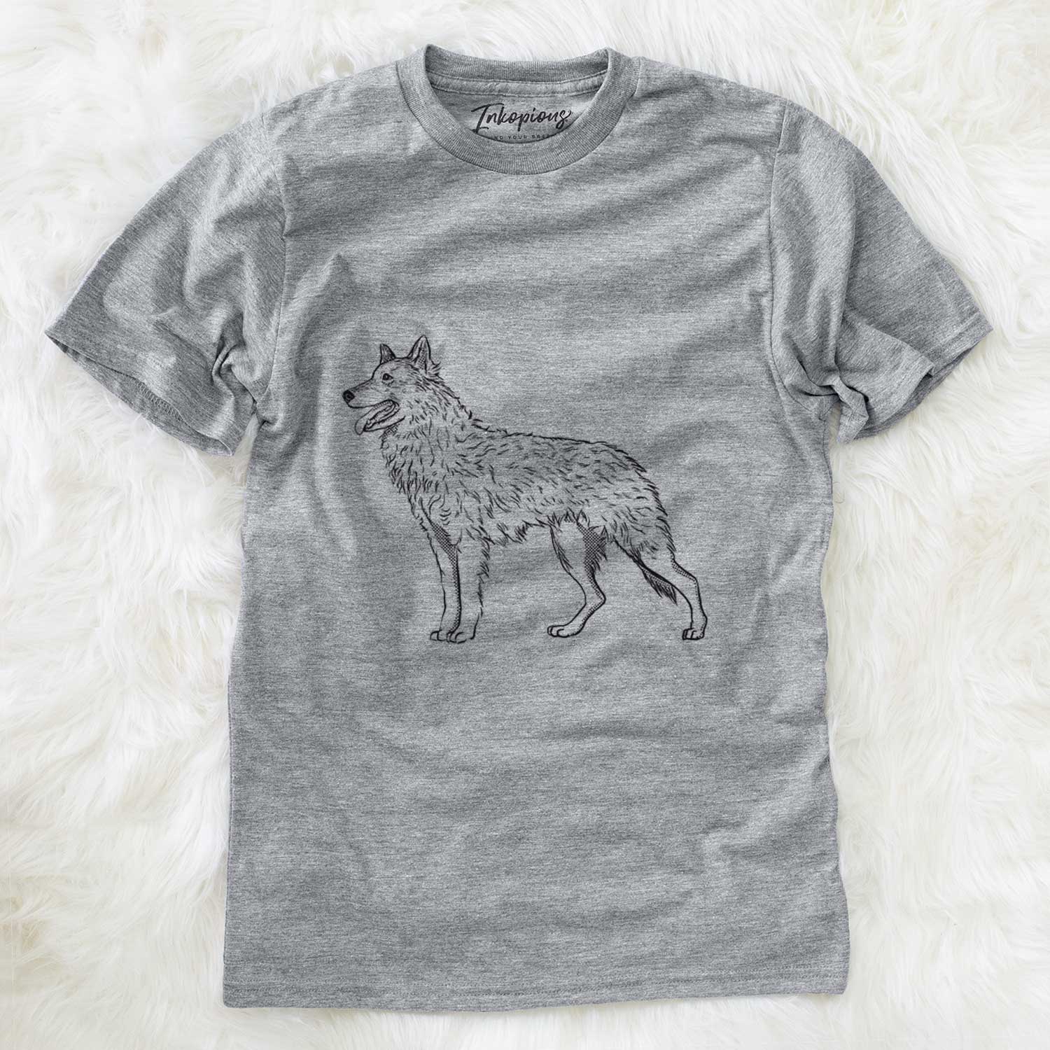 Full-body sketch of a Mudi on a Grey Unisex crewneck