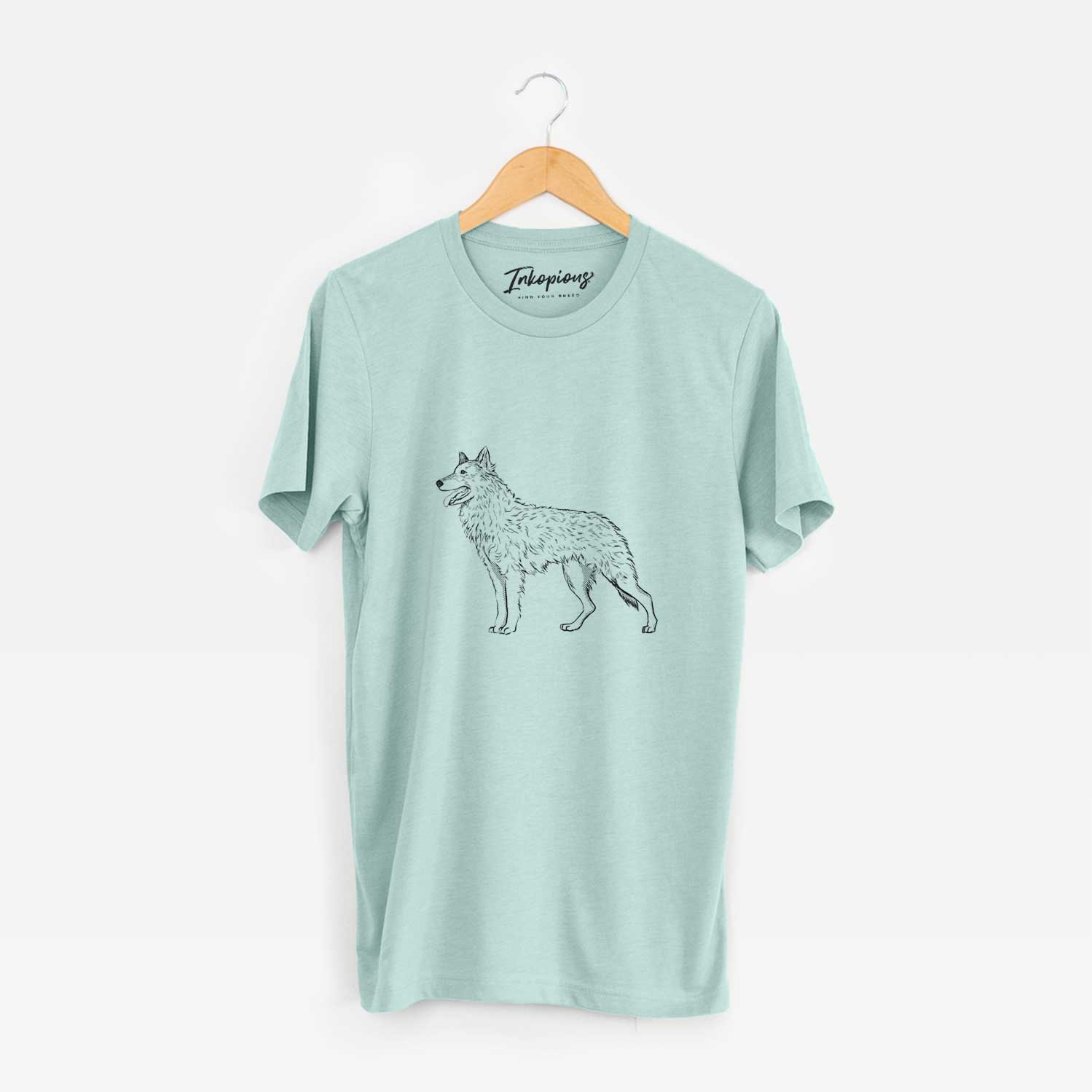 Full-body sketch of a Mudi on a Heather Sage Unisex crewneck