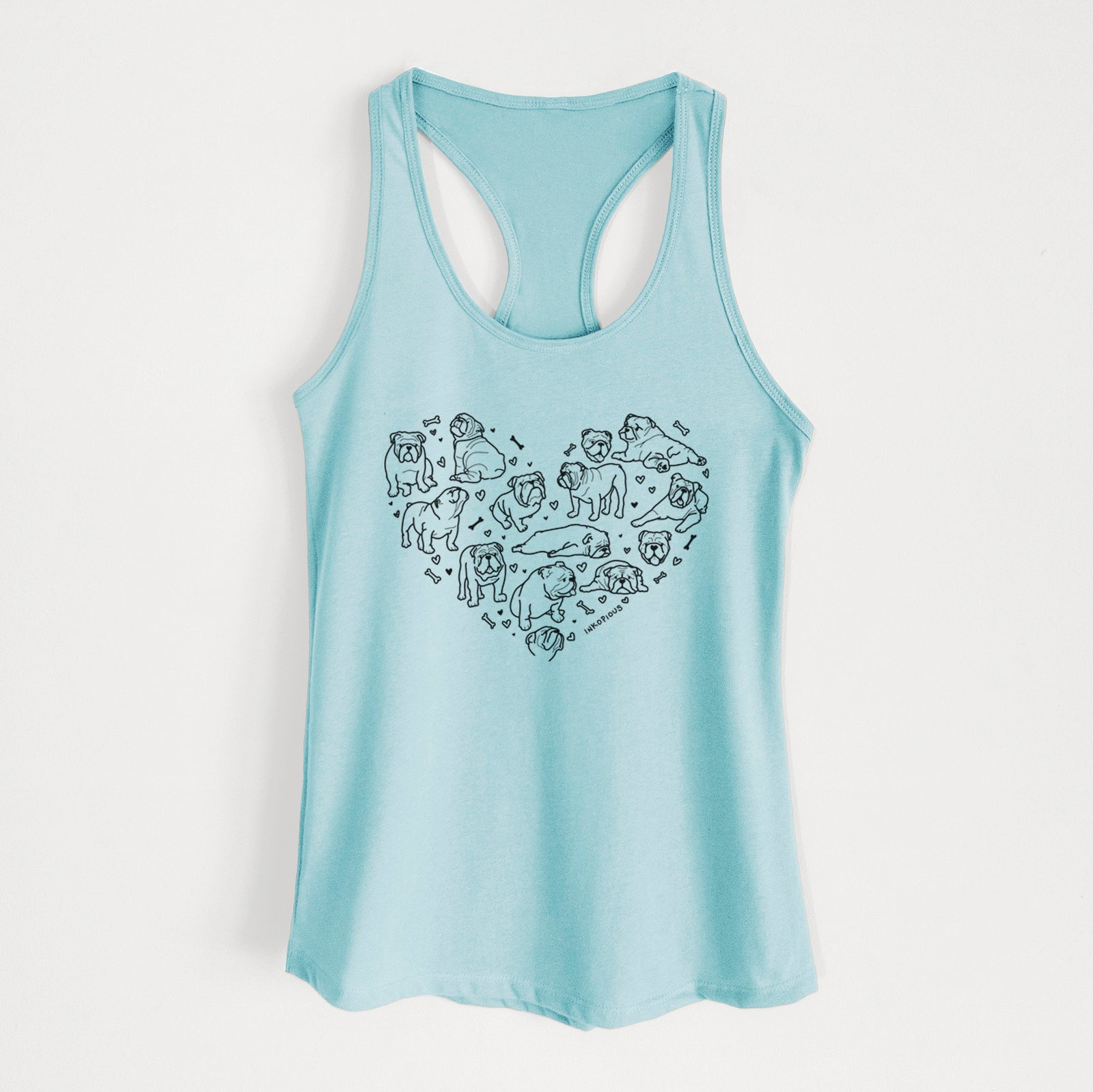 'Heart Full of English Bulldogs' design on a Cancun Blue Women's racerback tanktop