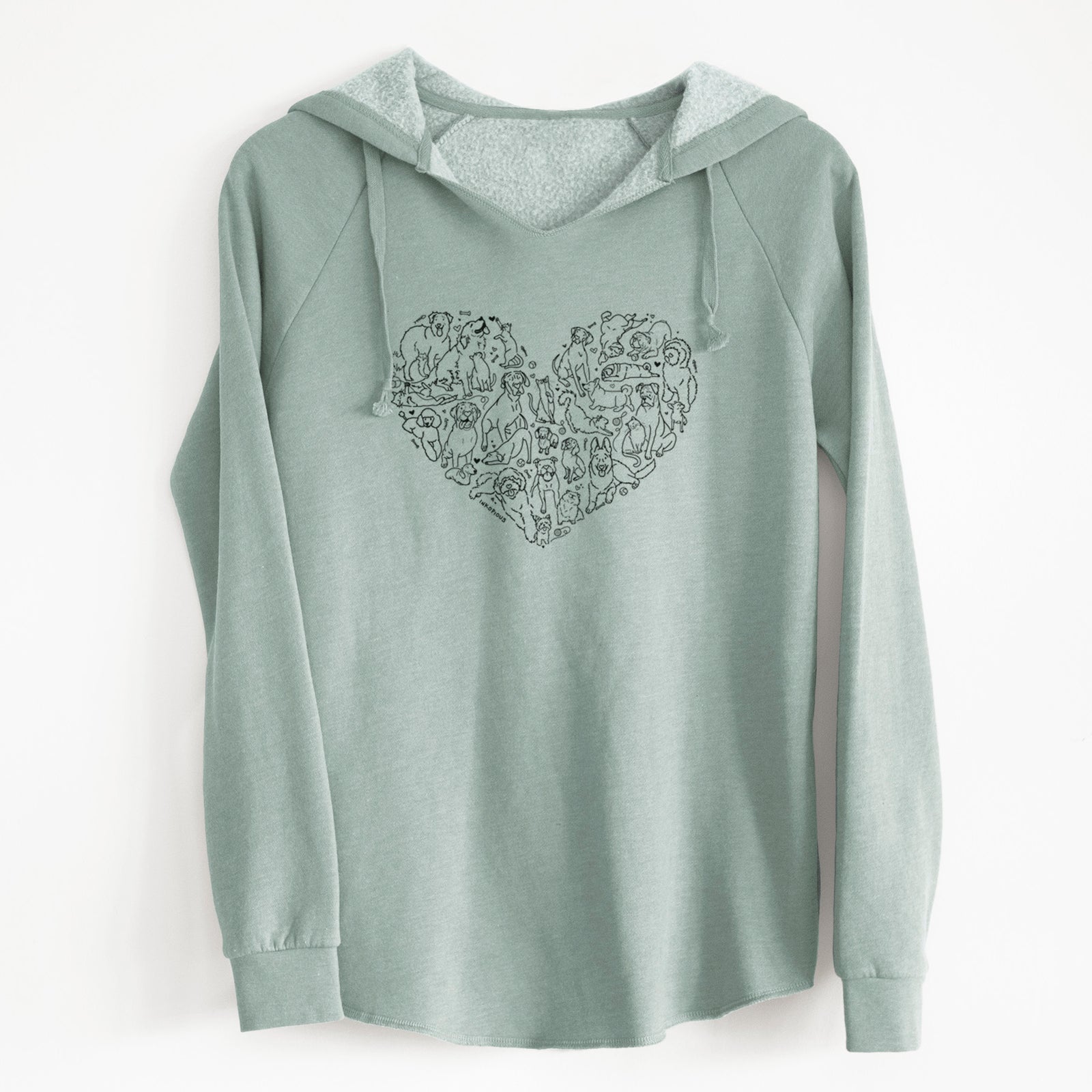 'Heart Full of Dogs and Cats' design on a Sage Cali Wave Hooded Sweatshirt