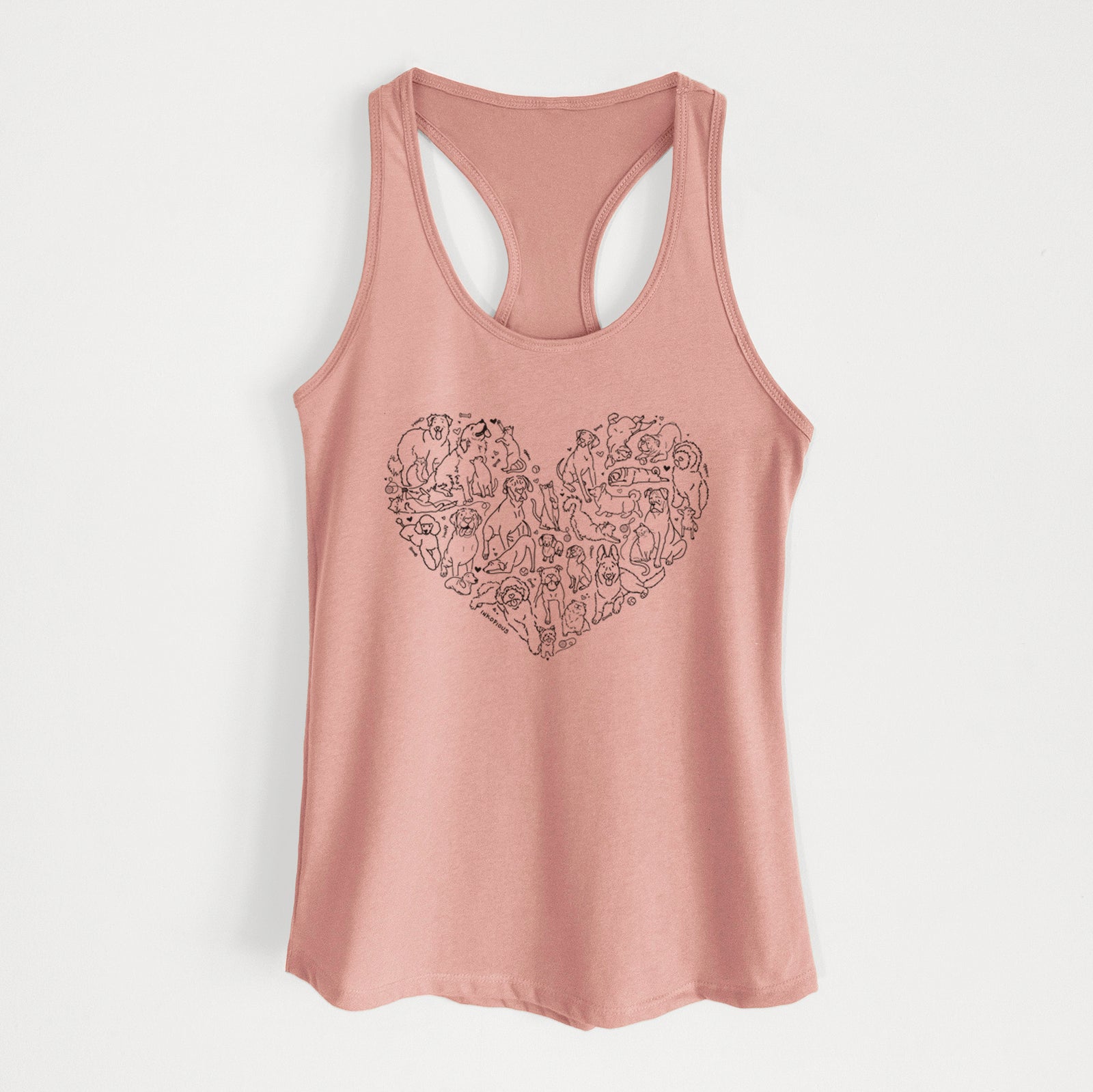 'Heart Full of Dogs and Cats' design on a Desert Pink Women's racerback tanktop